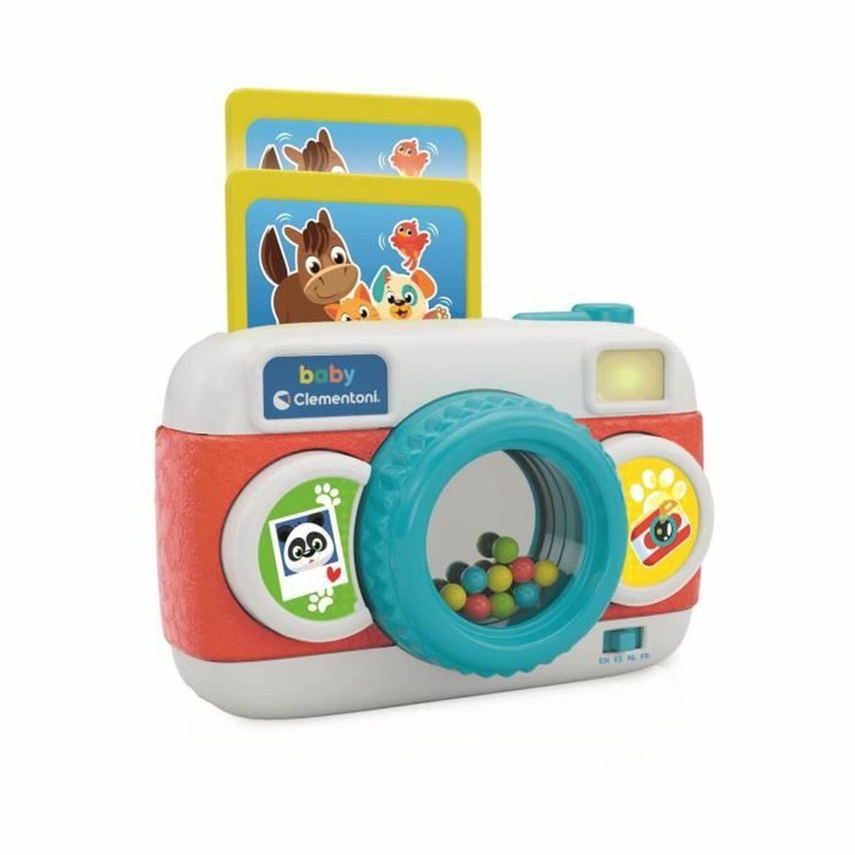 Un giocattolo macchina fotografica per bambini colorata con immagini di animali.
