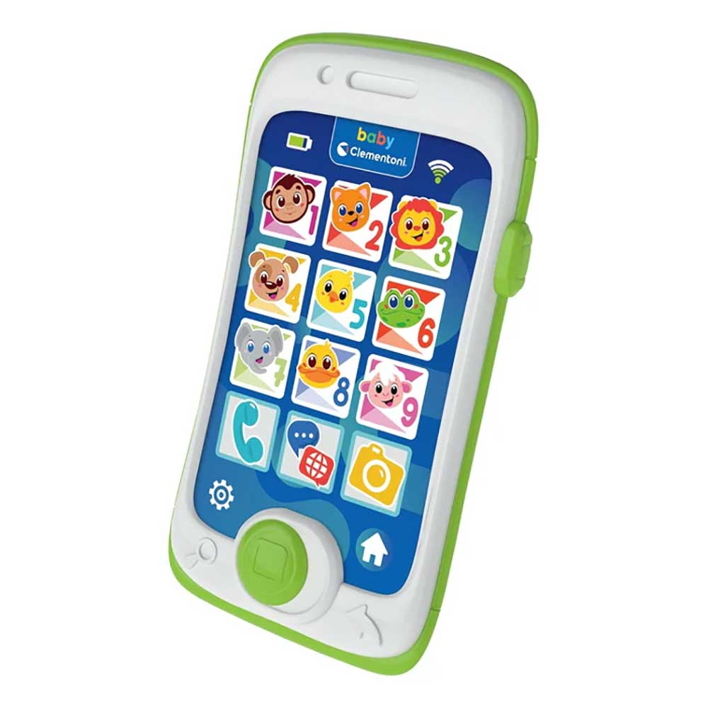Un telefono giocattolo per bambini bianco e verde con icone di animali e numeri da 1 a 9.