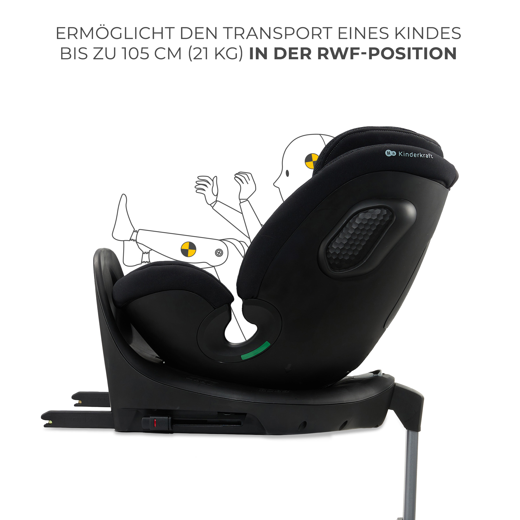 Silla de coche negra para niños hasta 105cm, 21kg, posición RWF.