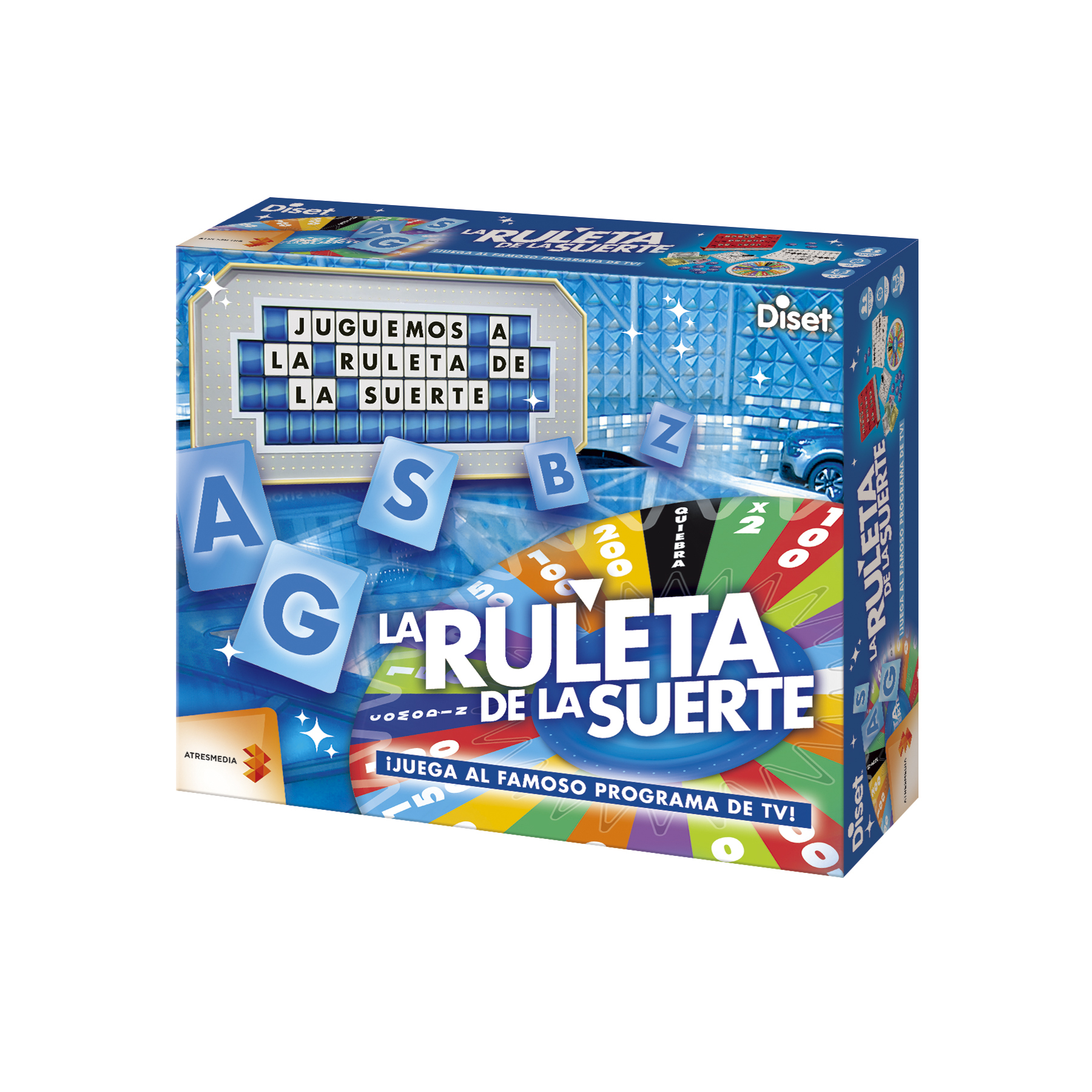 Caja de juego de "La Ruleta de la Suerte" con letras y ruedas de dinero.