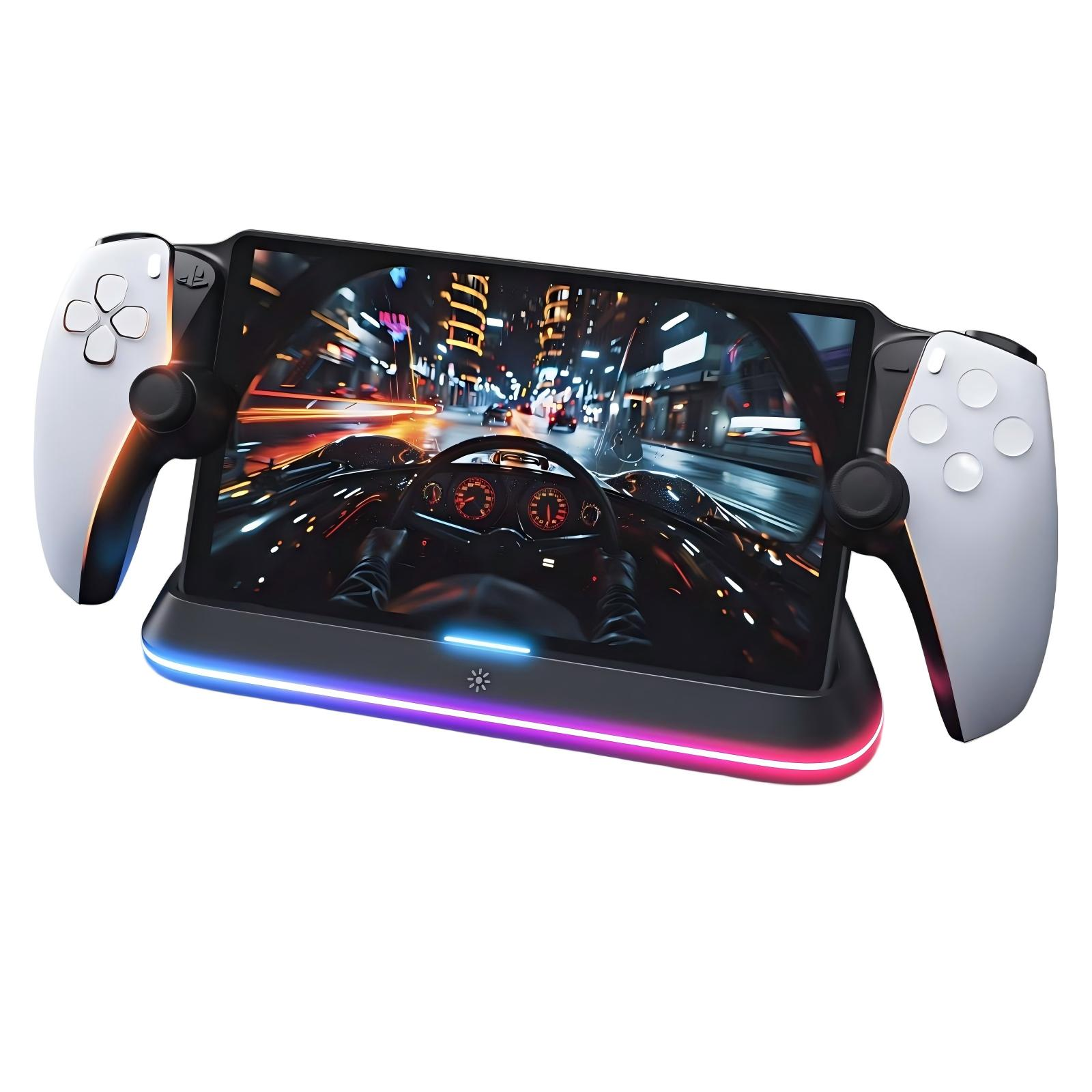 Gaming-Gerät mit weißen Controllern, das ein Rennspiel auf dem Bildschirm anzeigt. RGB-Beleuchtung.