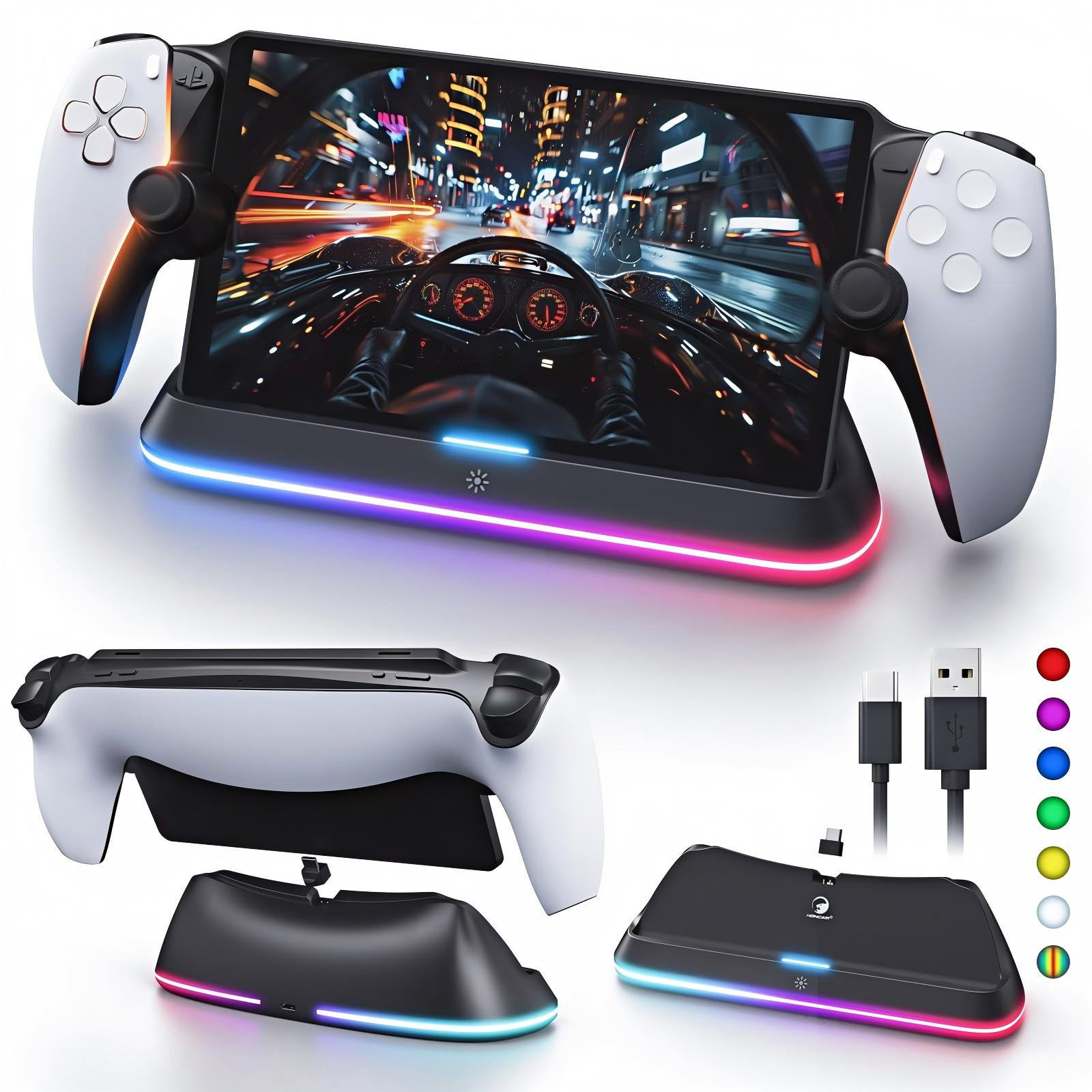 Gaming-Zubehör: Controller, Ladestation und Kabel mit RGB-Beleuchtung.