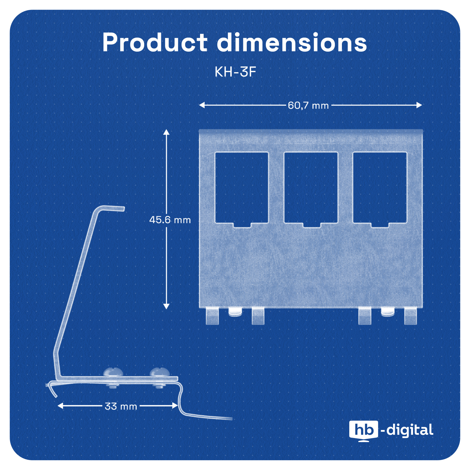 Abmessungen des Produkts KH-3F: Breite 60,7 mm, Höhe 45,6 mm, Tiefe 33 mm.