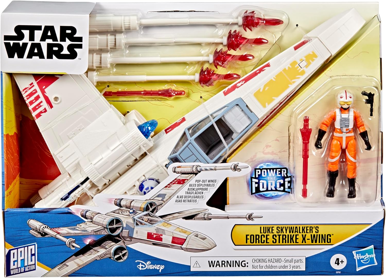 Juguete X-Wing de Star Wars con figura de Luke Skywalker y accesorios en caja.