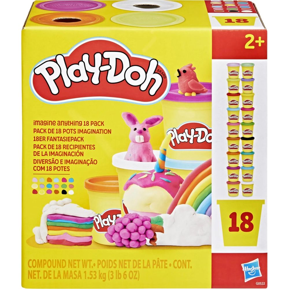 Pack de 18 de Play-Doh con masa colorida, arcoíris, conejo y pájaro.