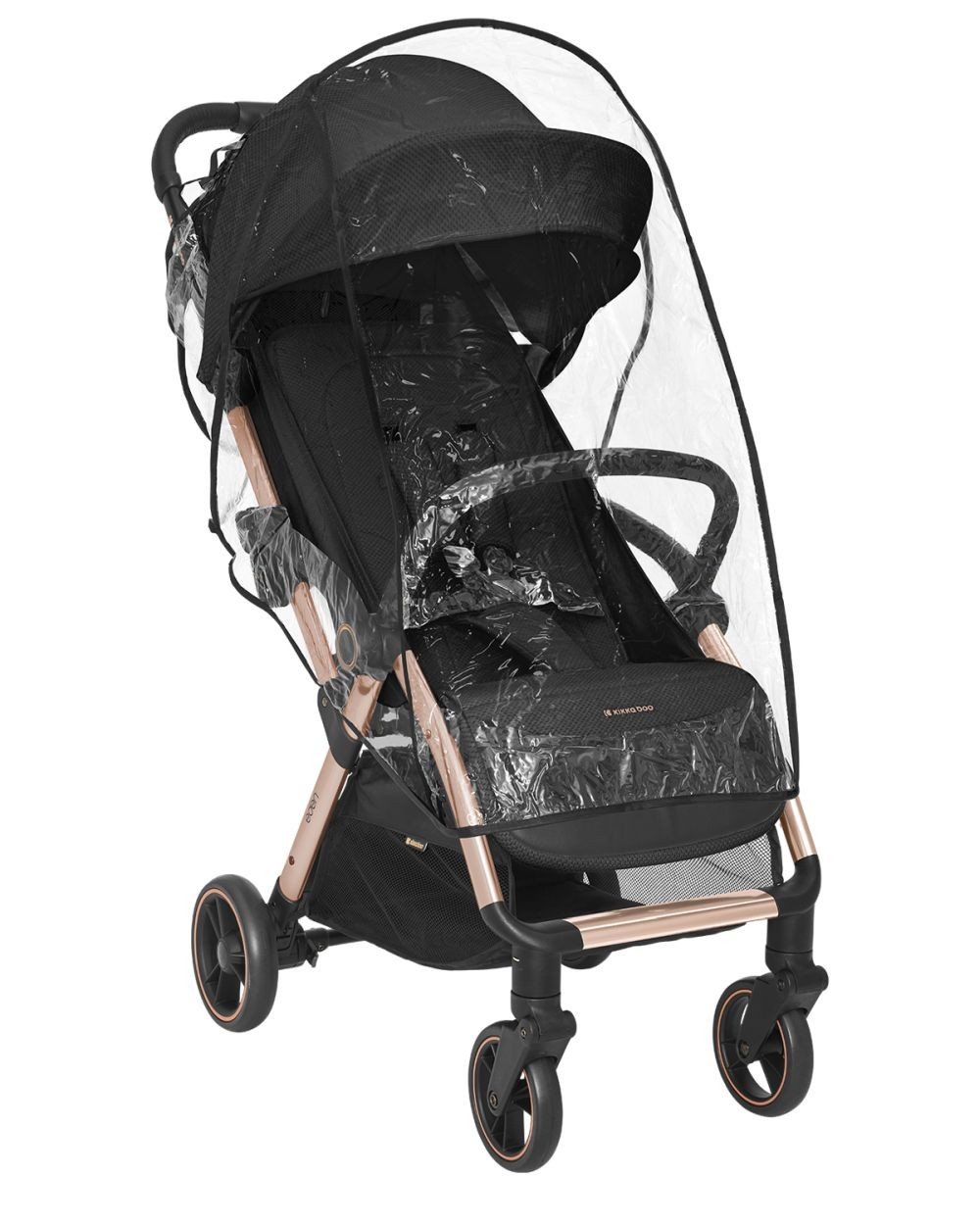 Ein schwarzer Kinderwagen mit klarer Regenhaube und roségoldenem Rahmen, auf weißem Grund.