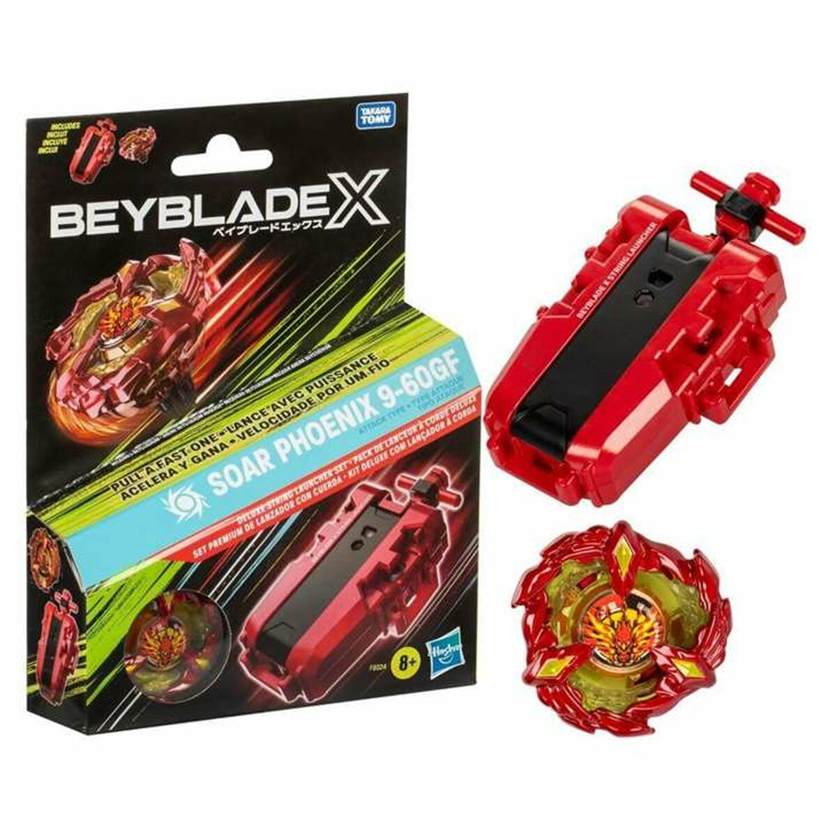 Juguete Beyblade X Soar Phoenix 9-60GF con lanzador rojo y peonza.