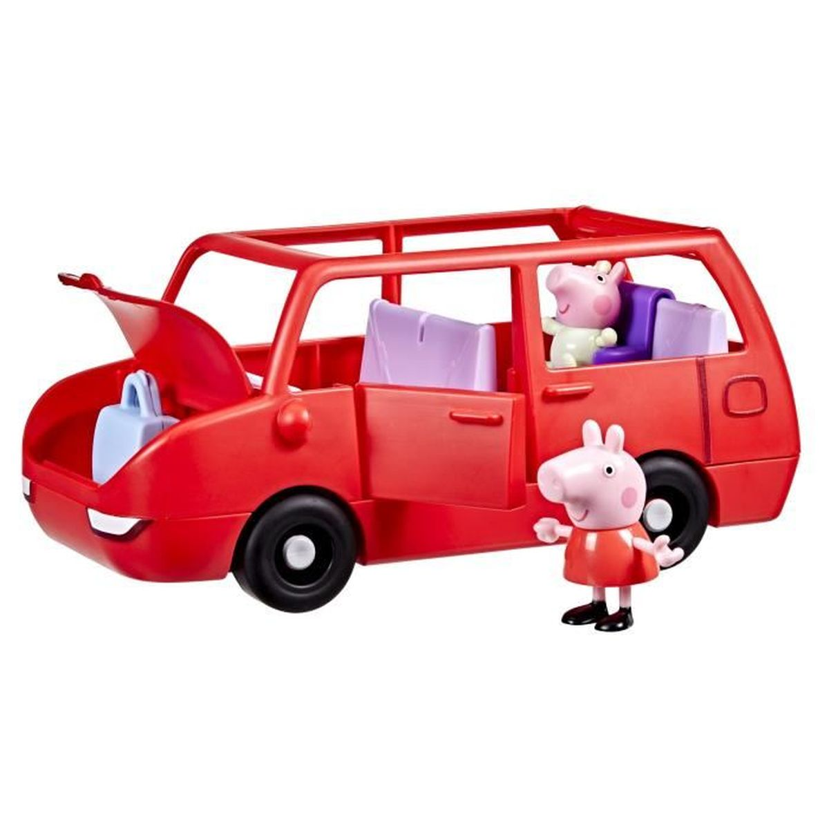 Un coche de juguete rojo con puertas abiertas y capó levantado.
