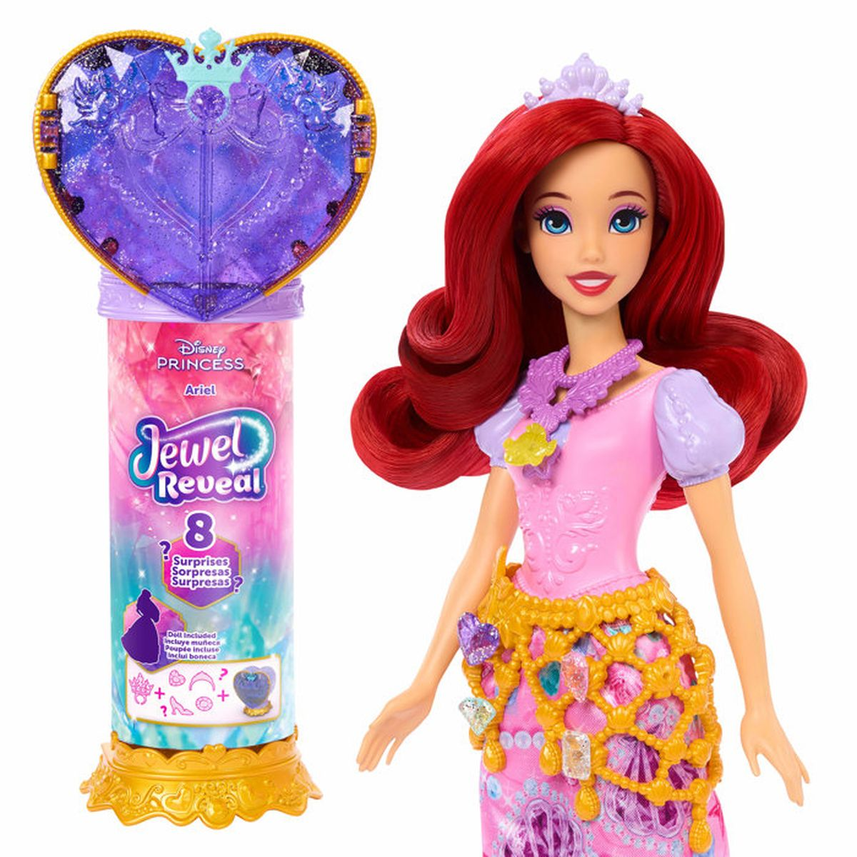Muñeca Ariel con tubo Jewel Reveal y parte superior de castillo en forma de corazón.