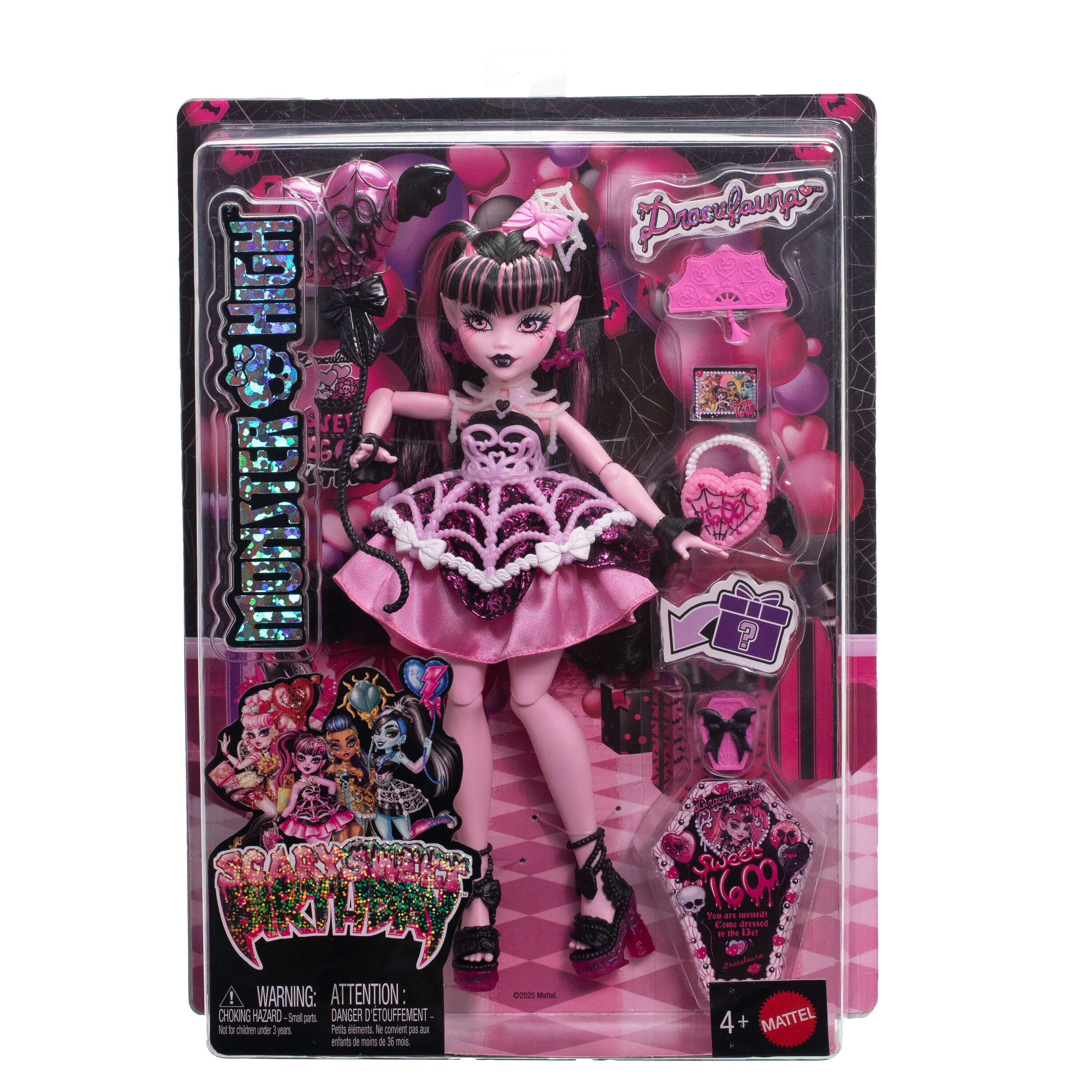 Muñeca Monster High Draculaura en empaque rosa con accesorios.
