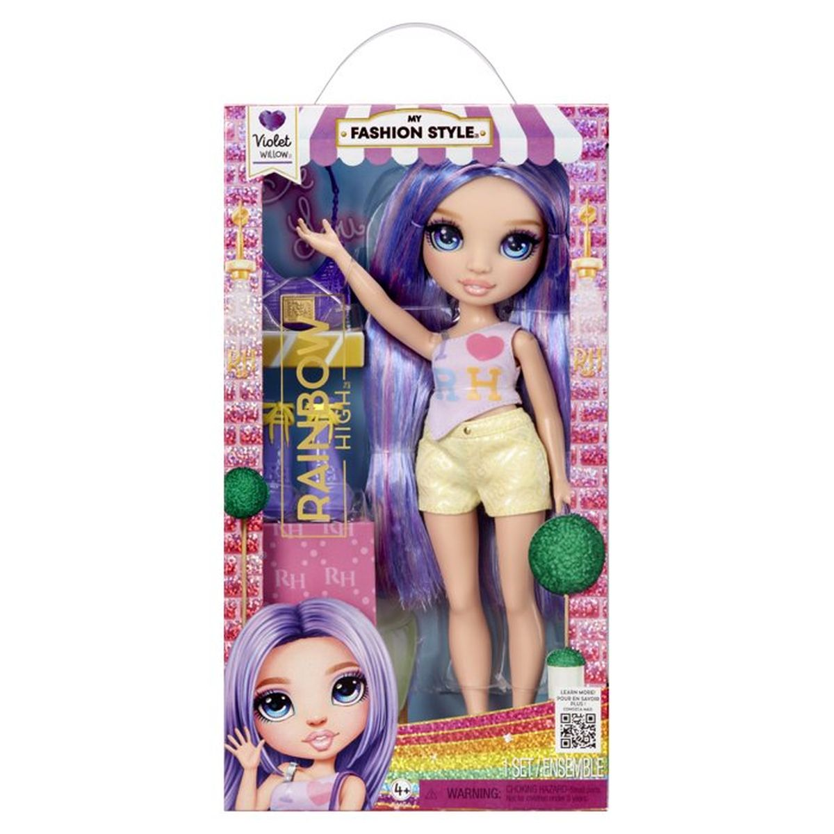 Violet Willow Puppe mit lila Haaren in einem Tanktop und Shorts.