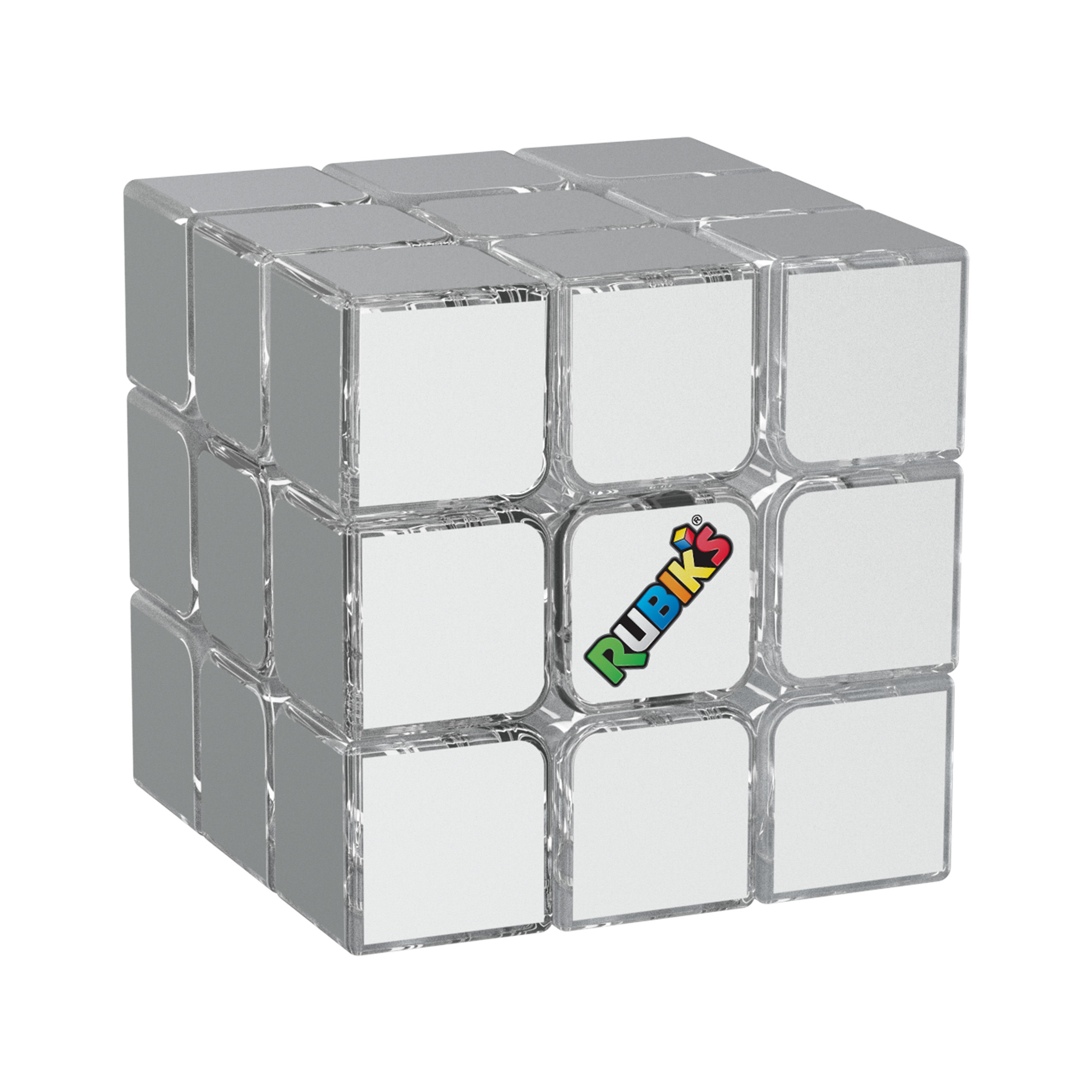 Un cubo de Rubik plateado con bordes transparentes y un logo colorido.