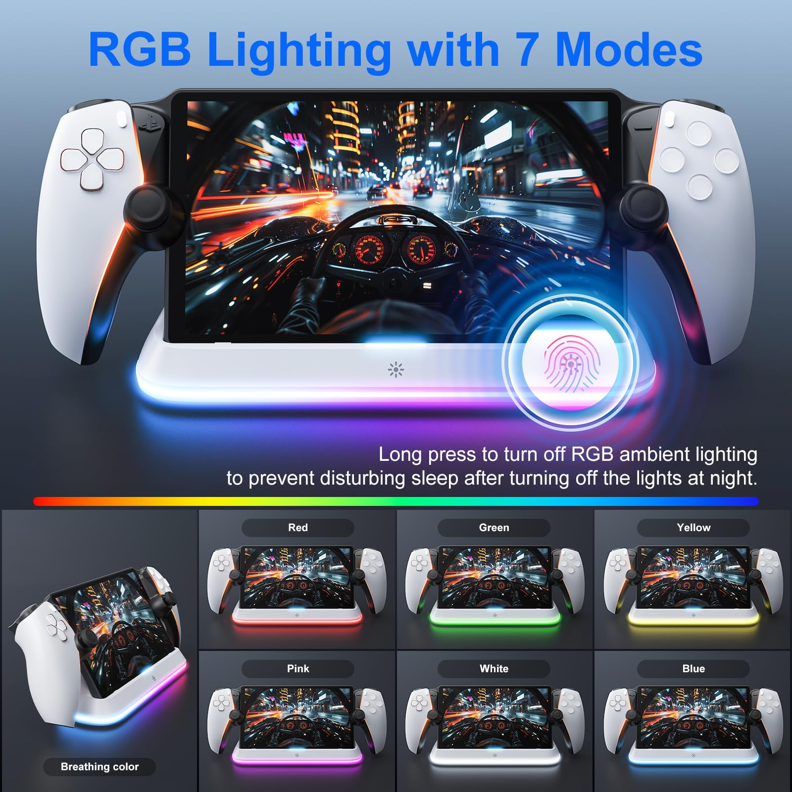 Gaming-Controller-Halterung mit RGB-Beleuchtung in verschiedenen Farben.