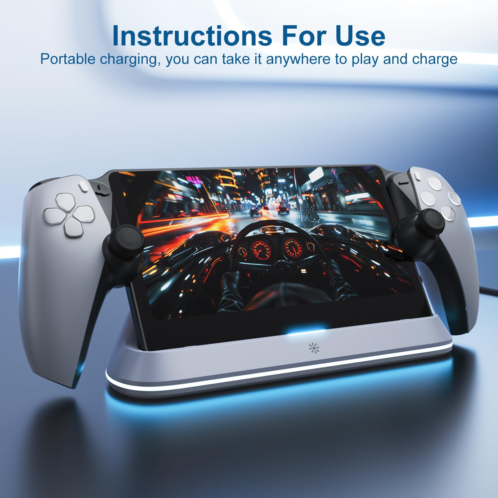 Ein Gaming-Controller-Ständer mit einem Telefon, das ein Autorennen anzeigt.
