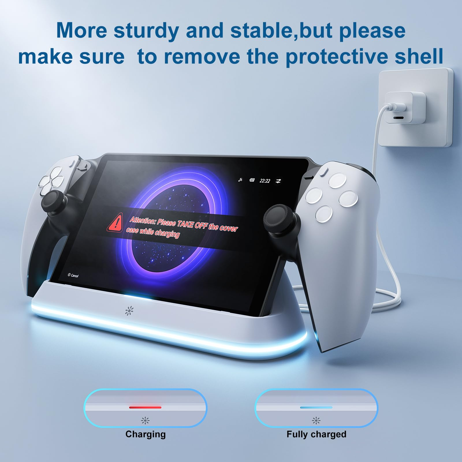 Ein weißes Ladegerät für ein Spielehandheld mit Controllern, das an eine Steckdose angeschlossen ist.