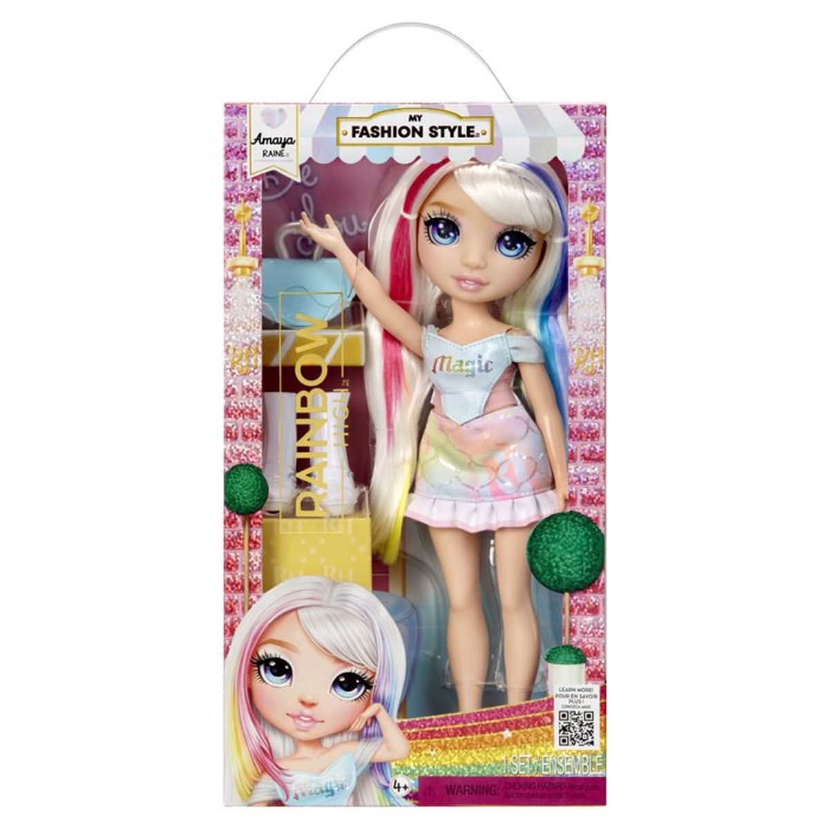 Muñeca Rainbow High Amaya Raine con pelo largo y colorido en su embalaje.