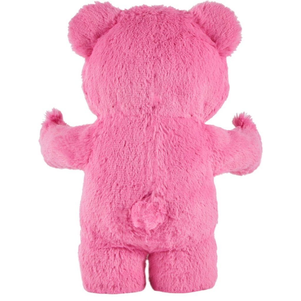 Un oso de peluche rosa visto desde atrás con los brazos extendidos y una cola pequeña.