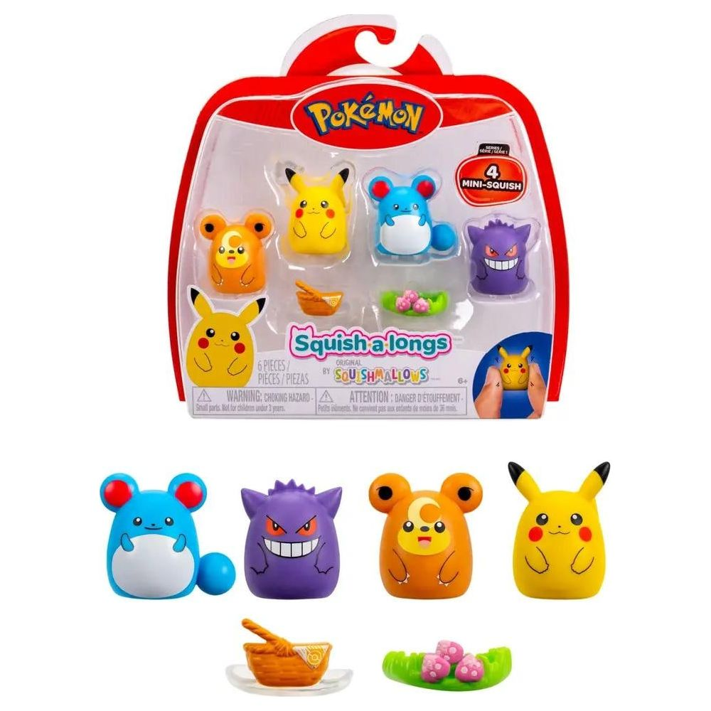 Juguete Pokémon Squish-a-longs: 4 mini figuras blandas de Pikachu, Azumarill, G
