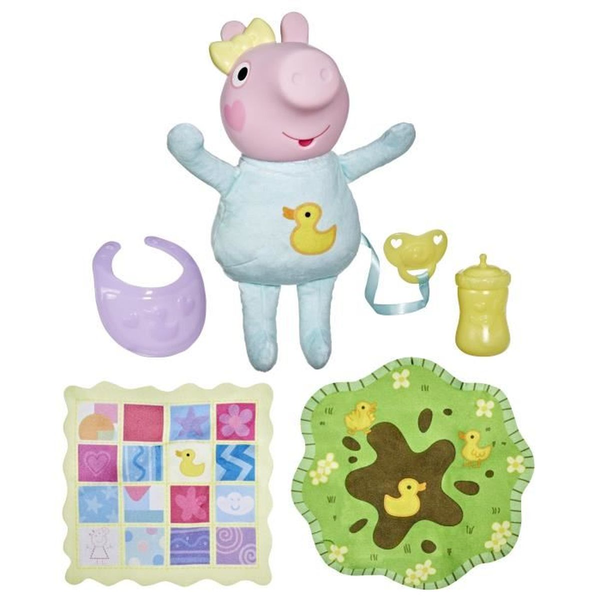 Peppa Wutz Stofftier mit Babyzubehör: Lätzchen, Schnuller, Fläschchen, Decke und Matschfleck.