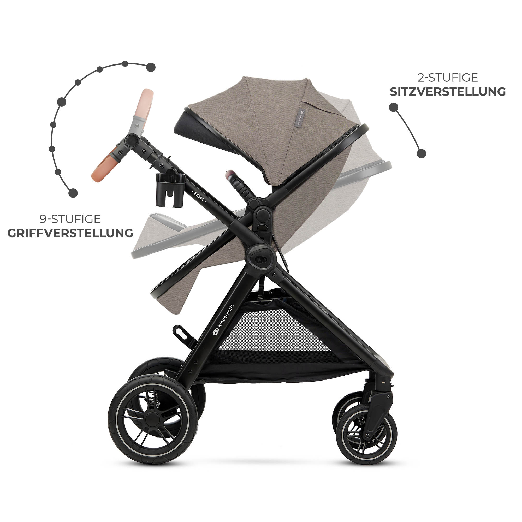 Ein Kinderwagen mit verstellbarem Griff und Sitz auf weißem Hintergrund.