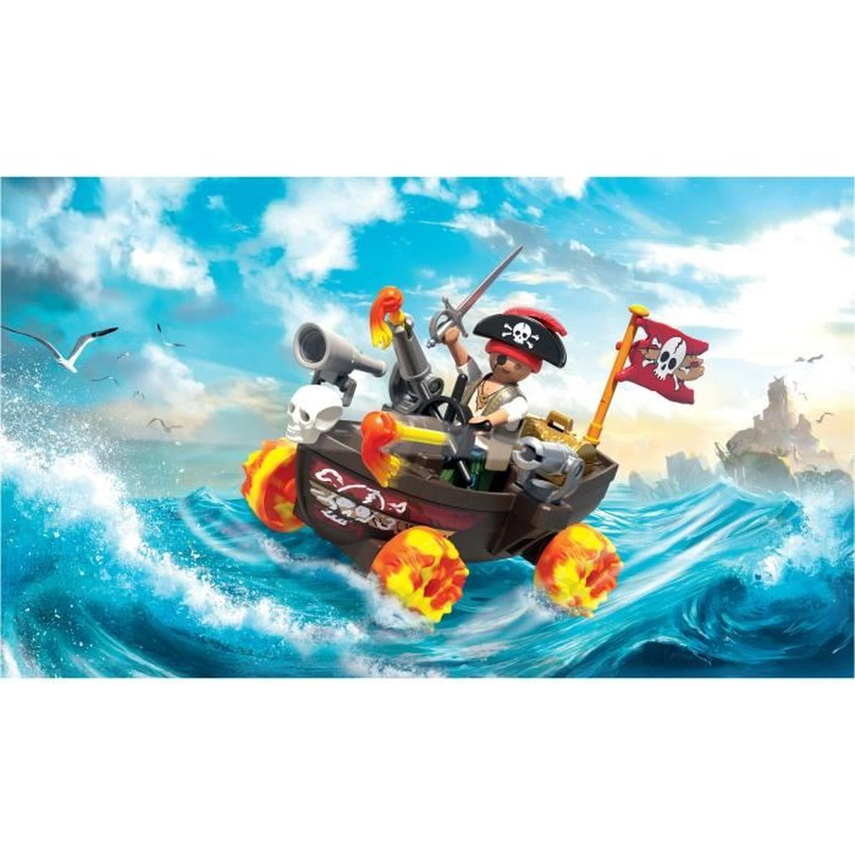 Un pirata en un barco con cañones en mar tempestuoso, con bandera pirata.