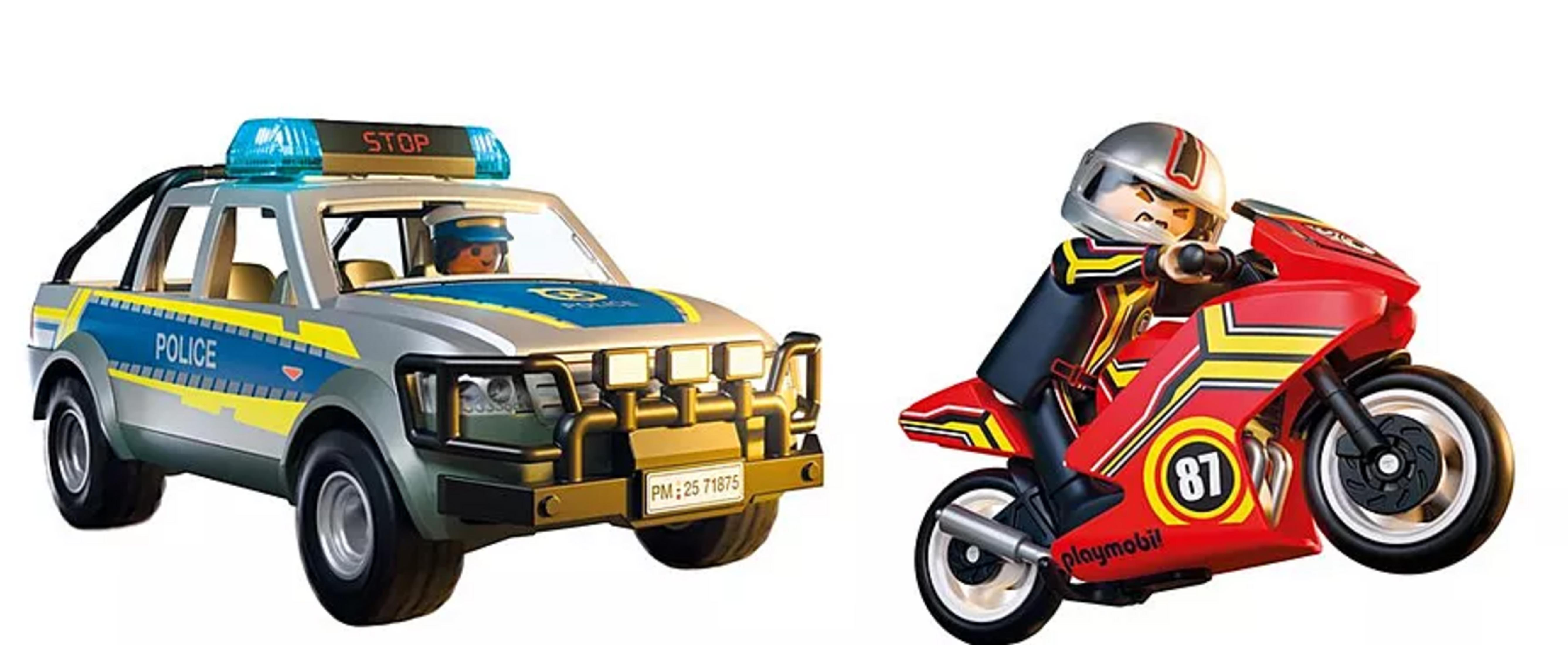 Un SUV della polizia e una moto rossa con un pilota.