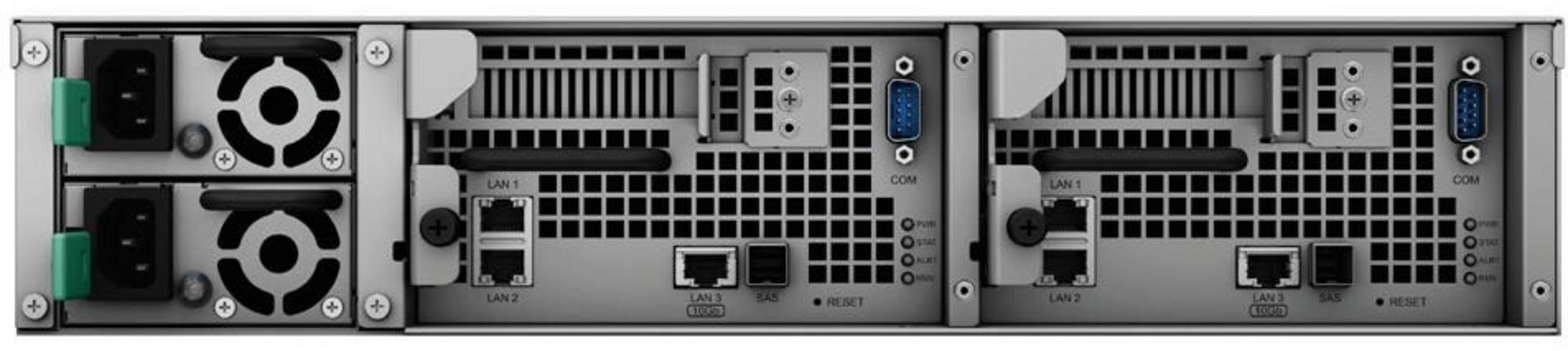 Rückseite eines Servers mit Lüftern, Anschlüssen und Status-LEDs.