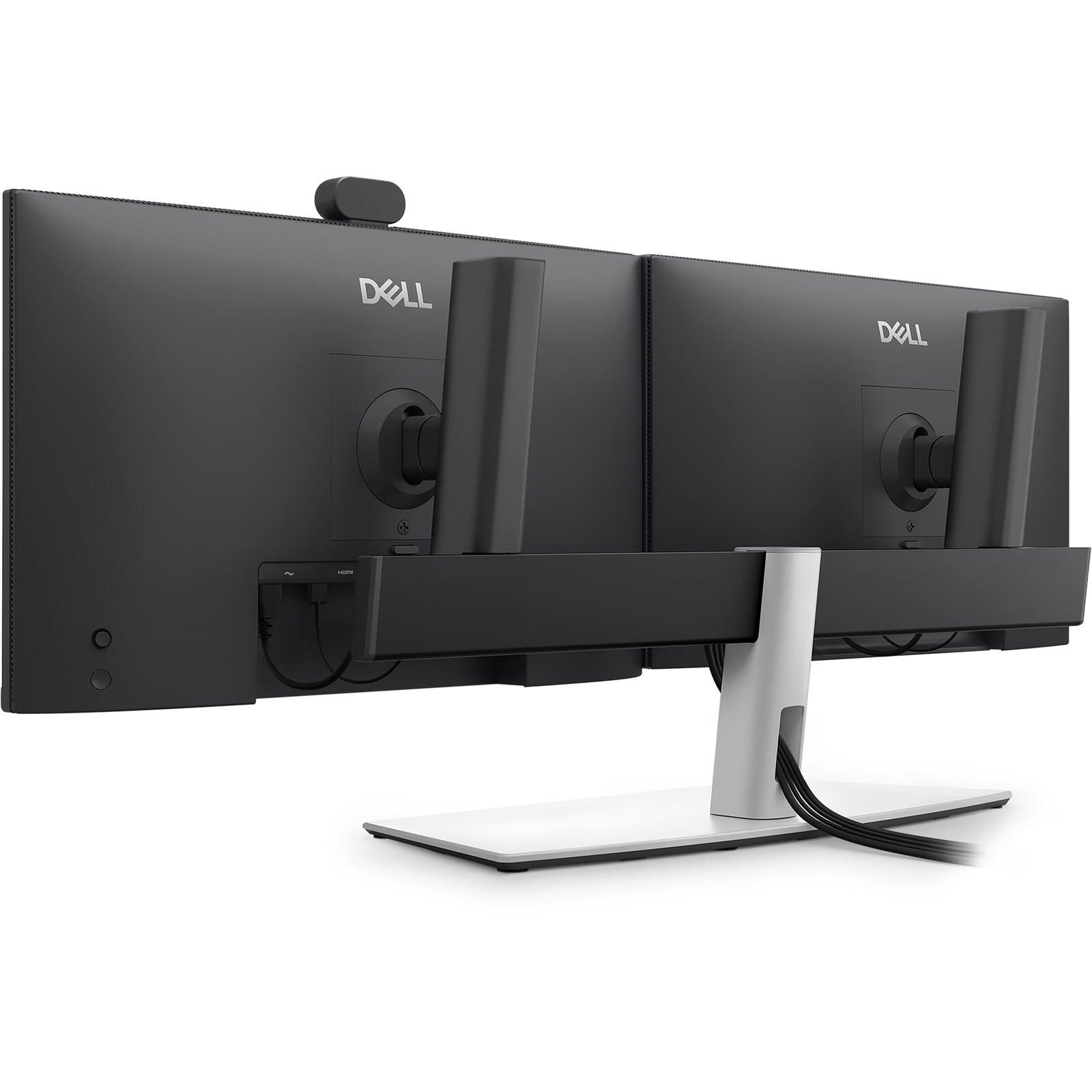 Zwei schwarze Dell-Monitore mit Webcam auf einem weißen Ständer, Kabel sind sichtbar.