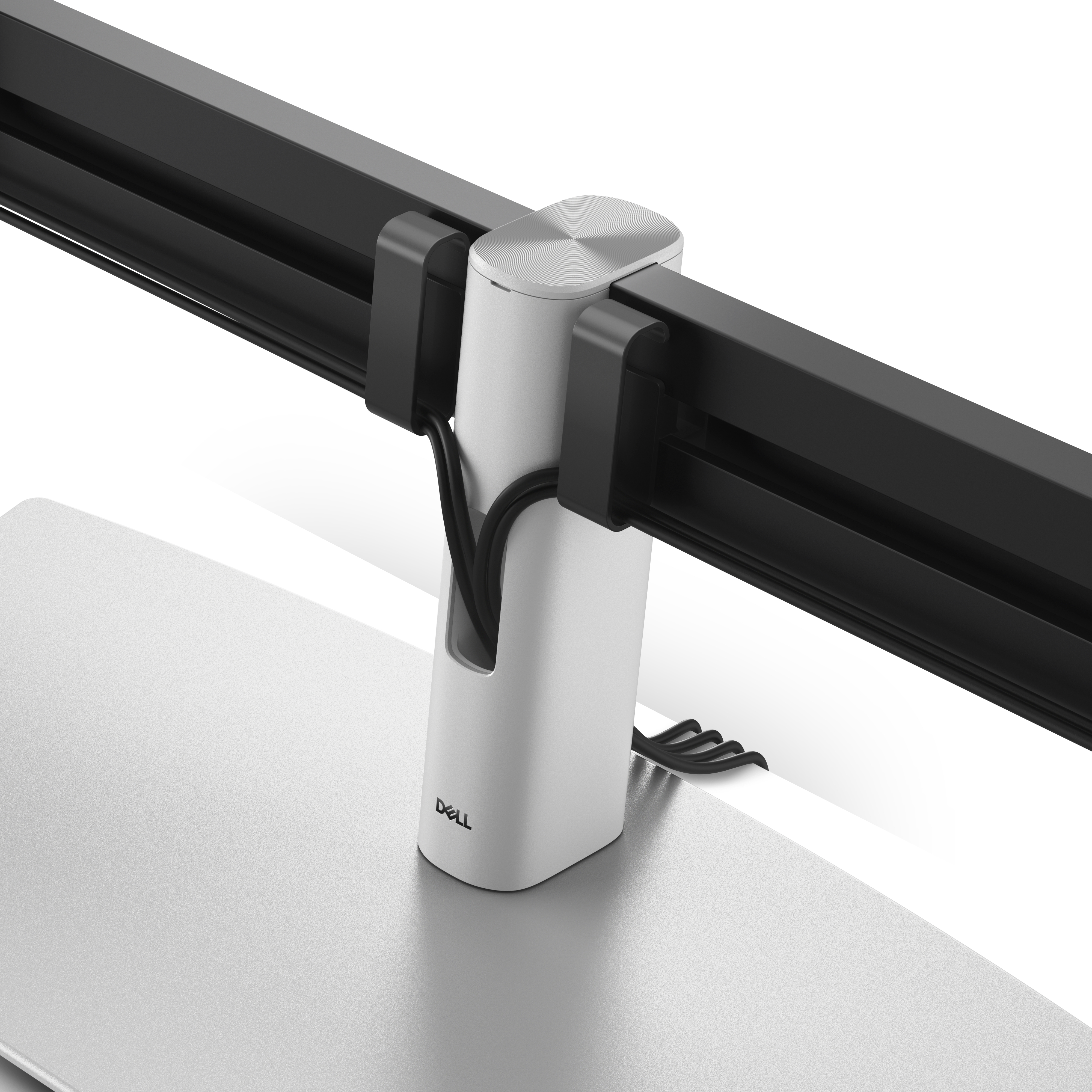Weiße Dell Monitorarm-Basis mit schwarzen Kabelclips und einer schwarzen Schiene.