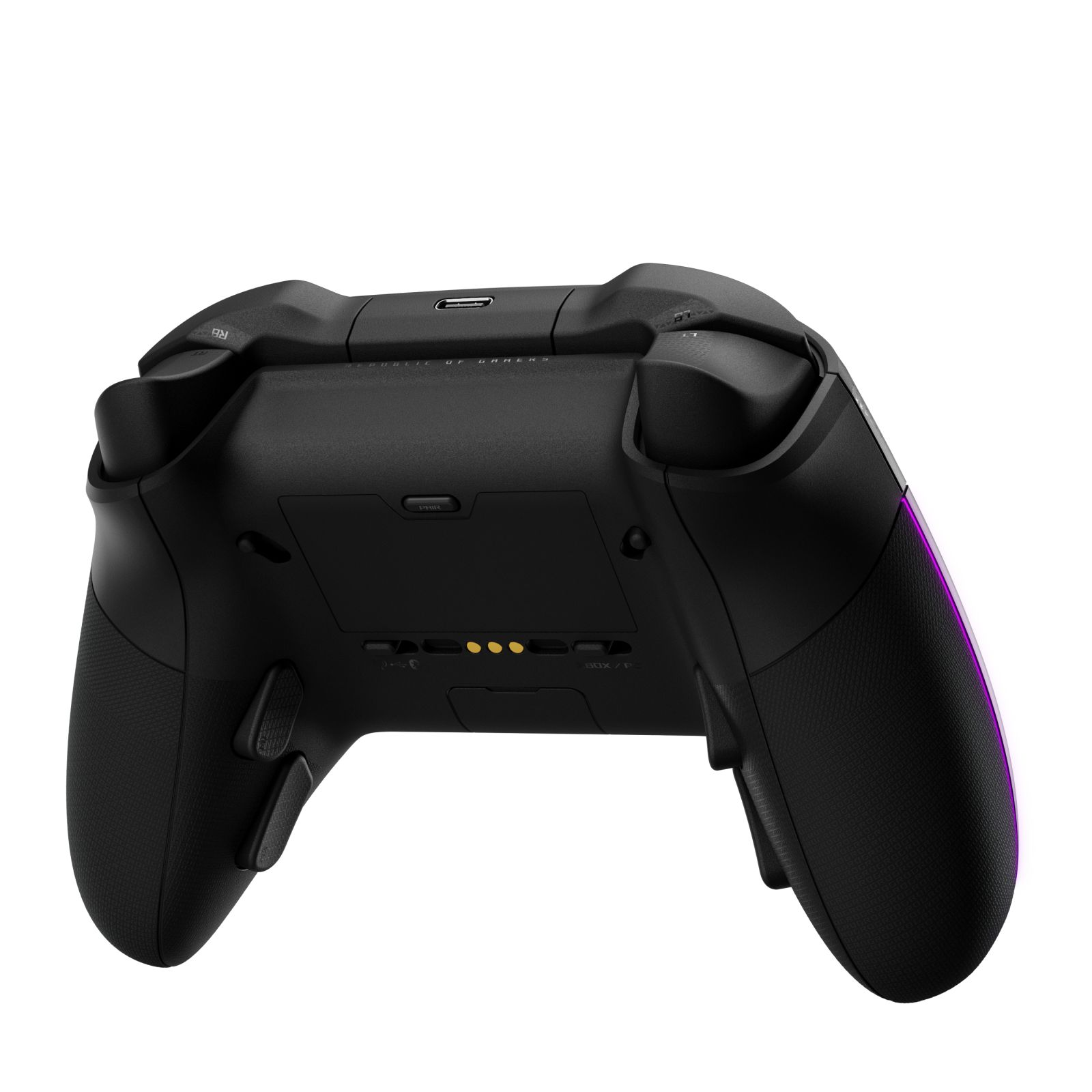 Schwarzer Controller mit lila Akzenten, Ansicht von unten.