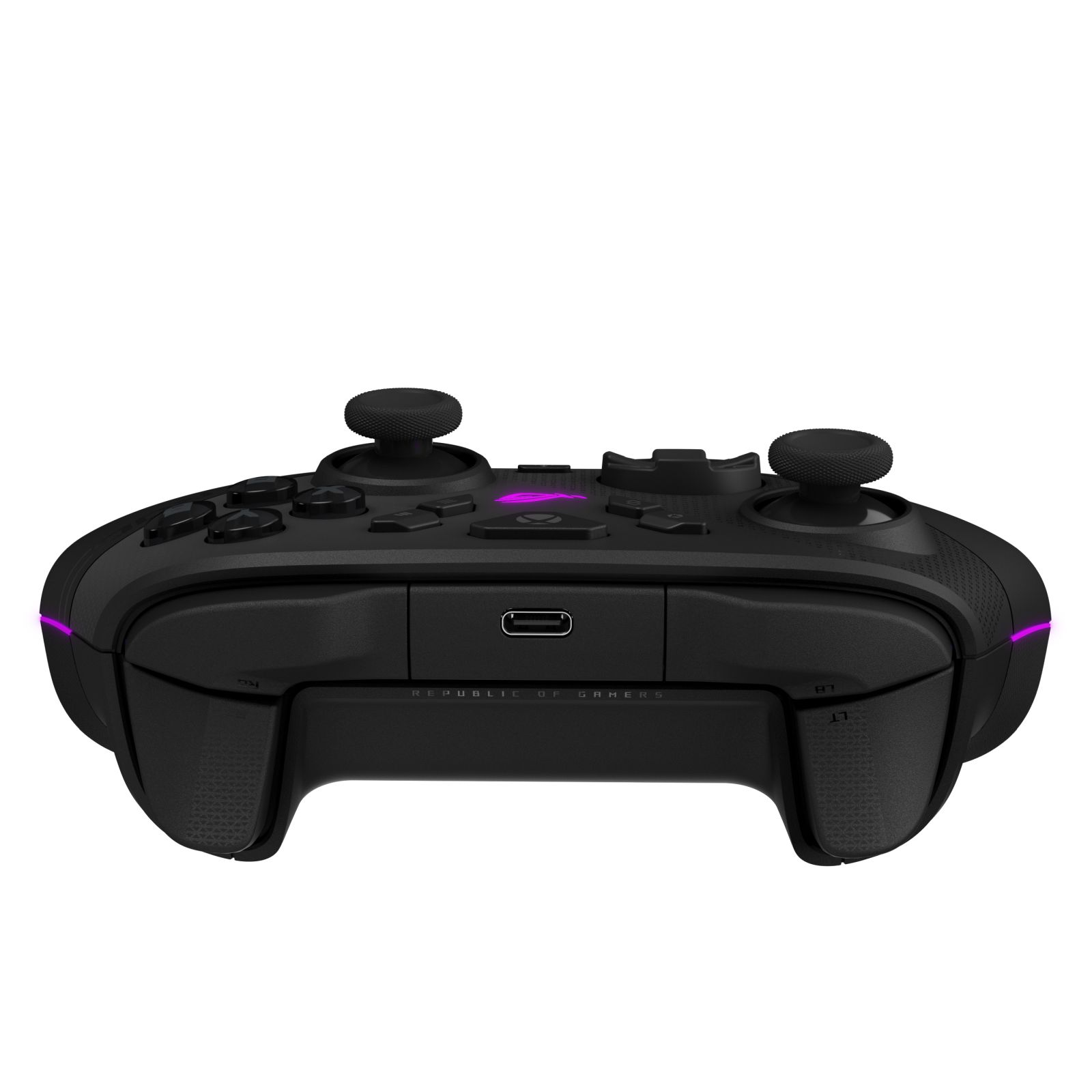 Schwarzer Gaming-Controller mit zwei Joysticks, Tasten und violetter Beleuchtung.