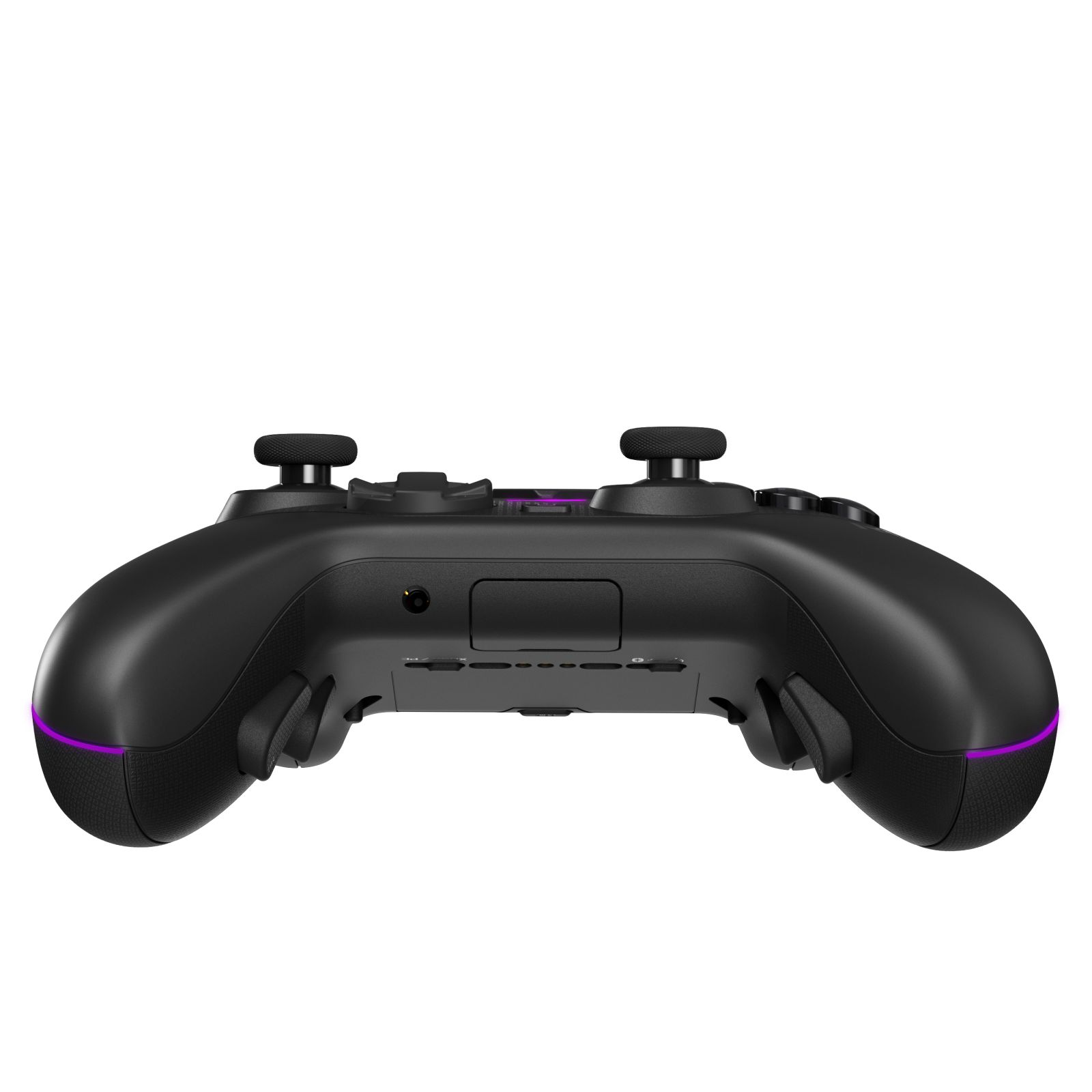 Schwarzer Gaming-Controller mit zwei Joysticks, Tasten und lila Akzentbeleuchtung.