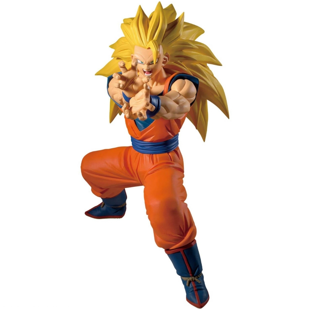 Goku als Super-Saiyajin 3 in orangefarbener Kleidung mit blauen Akzenten.