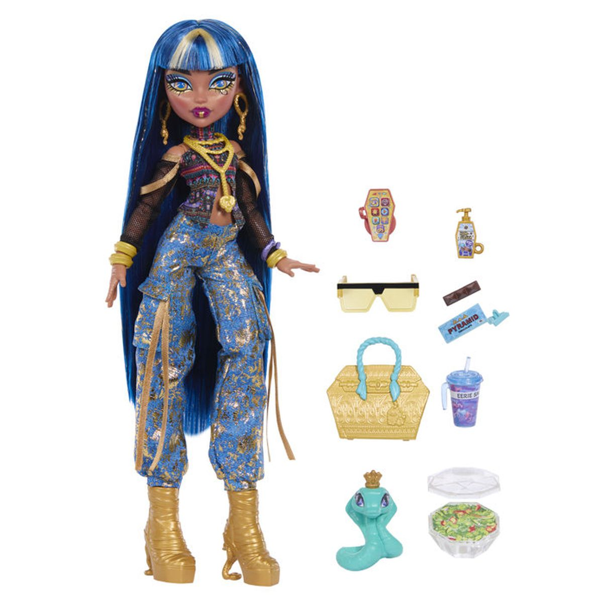 Eine Puppe mit blauen Haaren, goldener Kleidung und Zubehör wie Sonnenbrille, Tasche und Schlange.