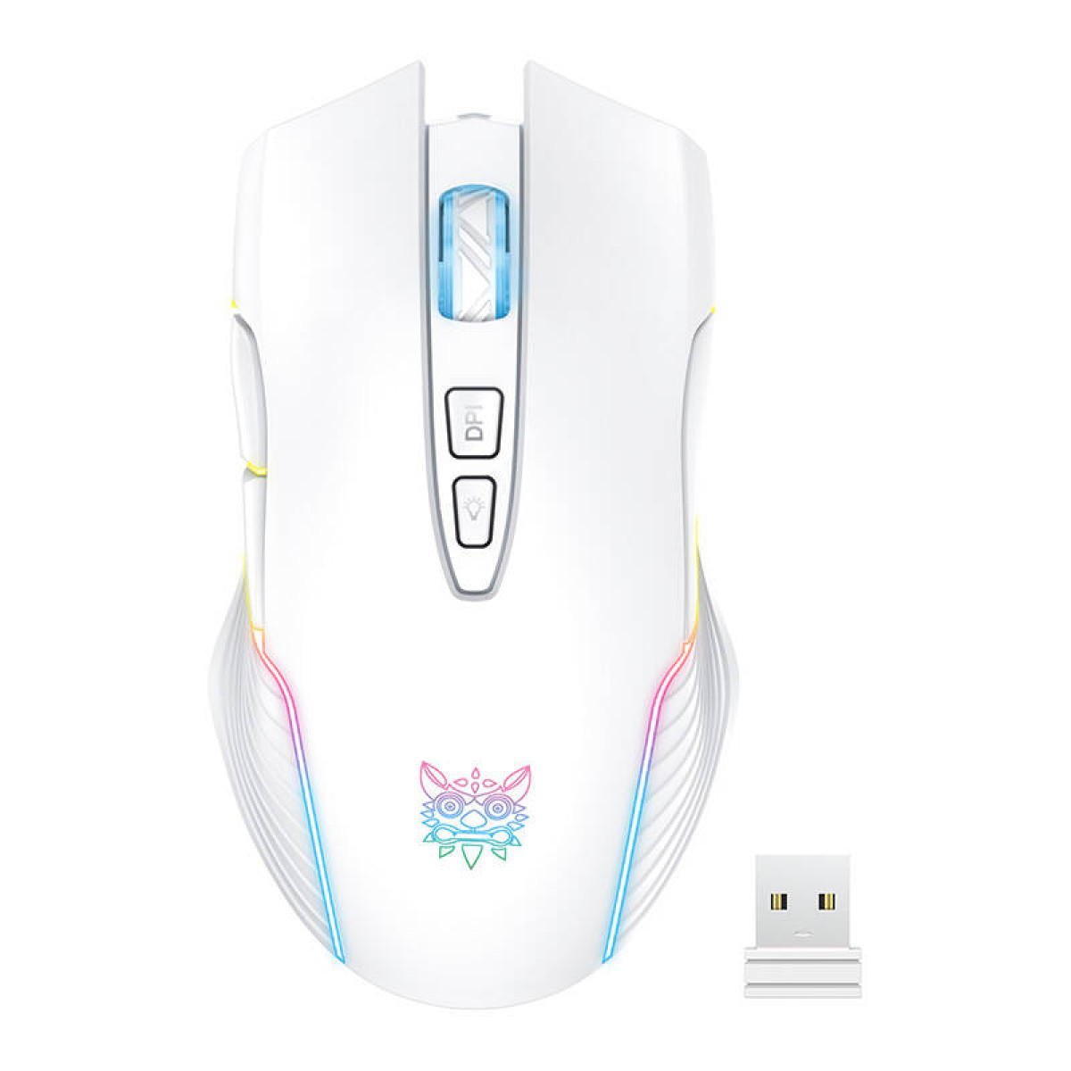 Mouse bianco da gaming con illuminazione RGB e dongle USB.