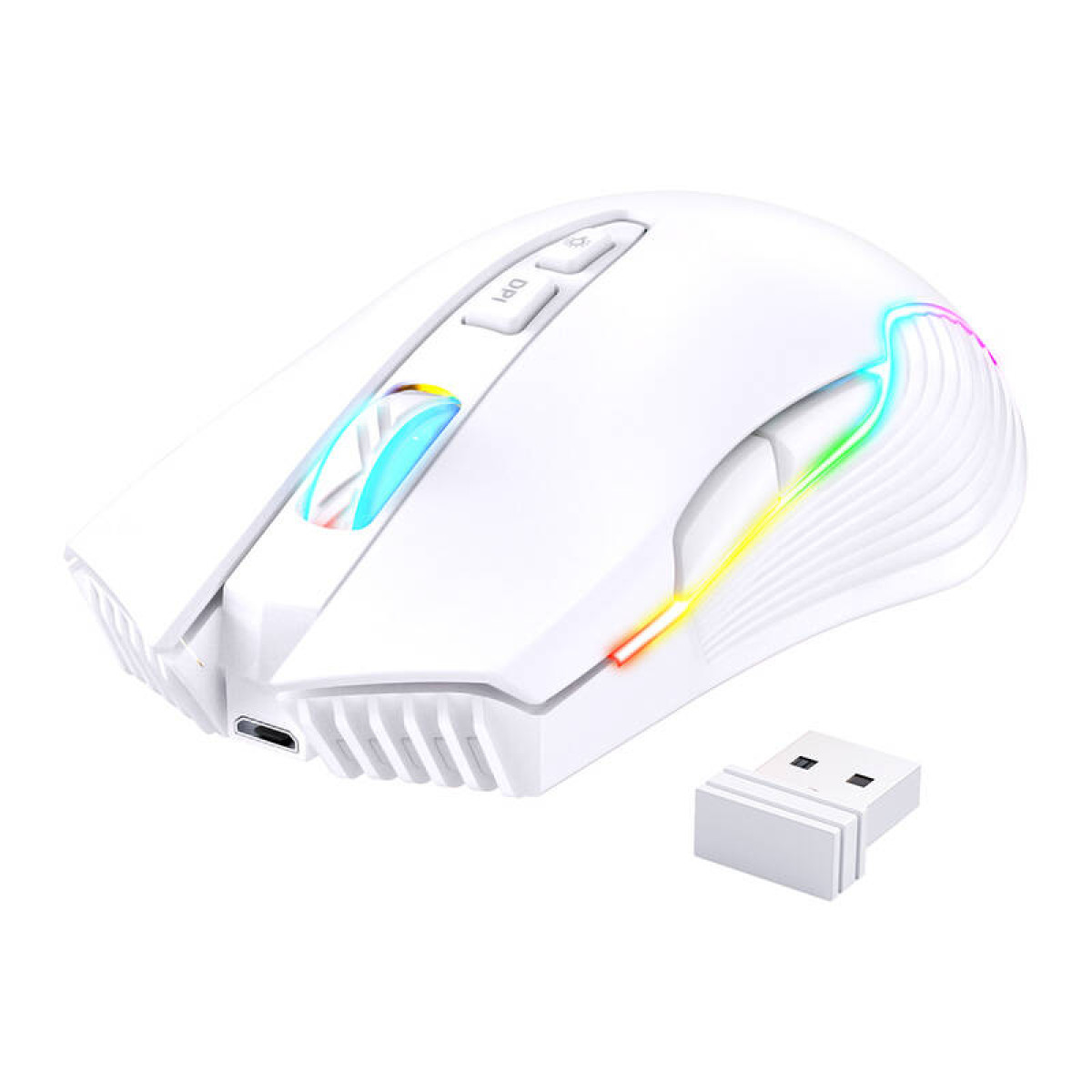 Mouse gaming bianco con illuminazione RGB e ricevitore USB.
