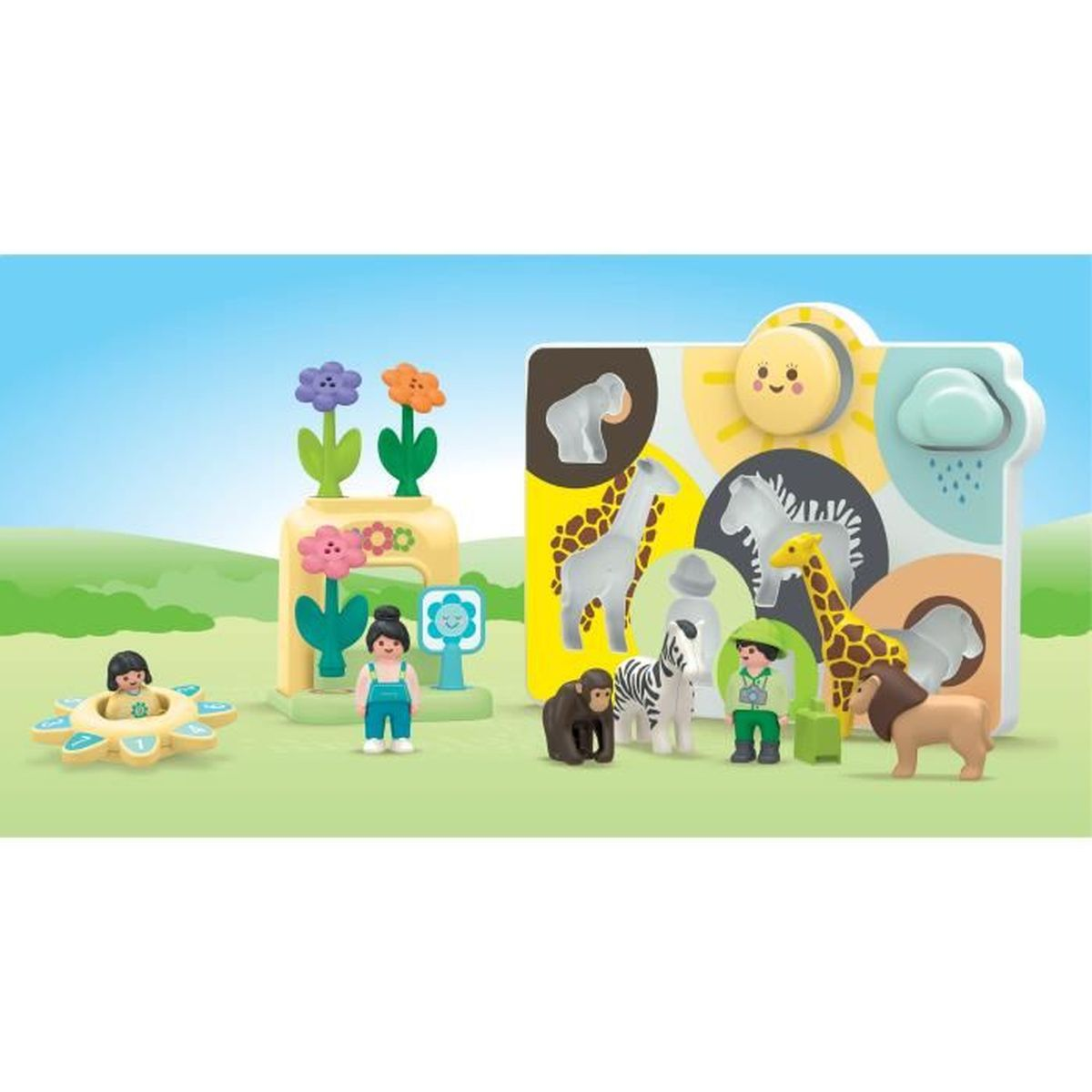 Sol de juguete, nube, flores, mono, cebra, jirafa, león, elefante, niños.