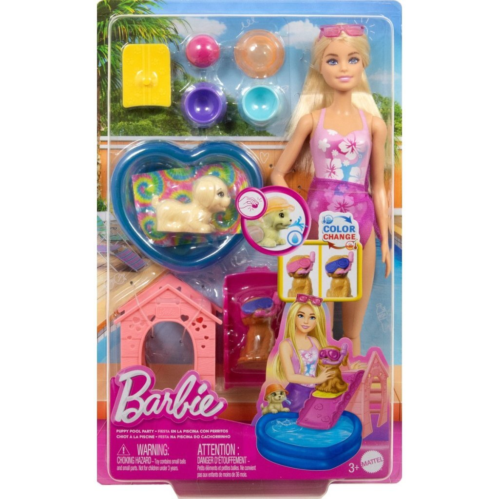 Juego de Barbie con muñeca, cachorros, piscina y caseta.
