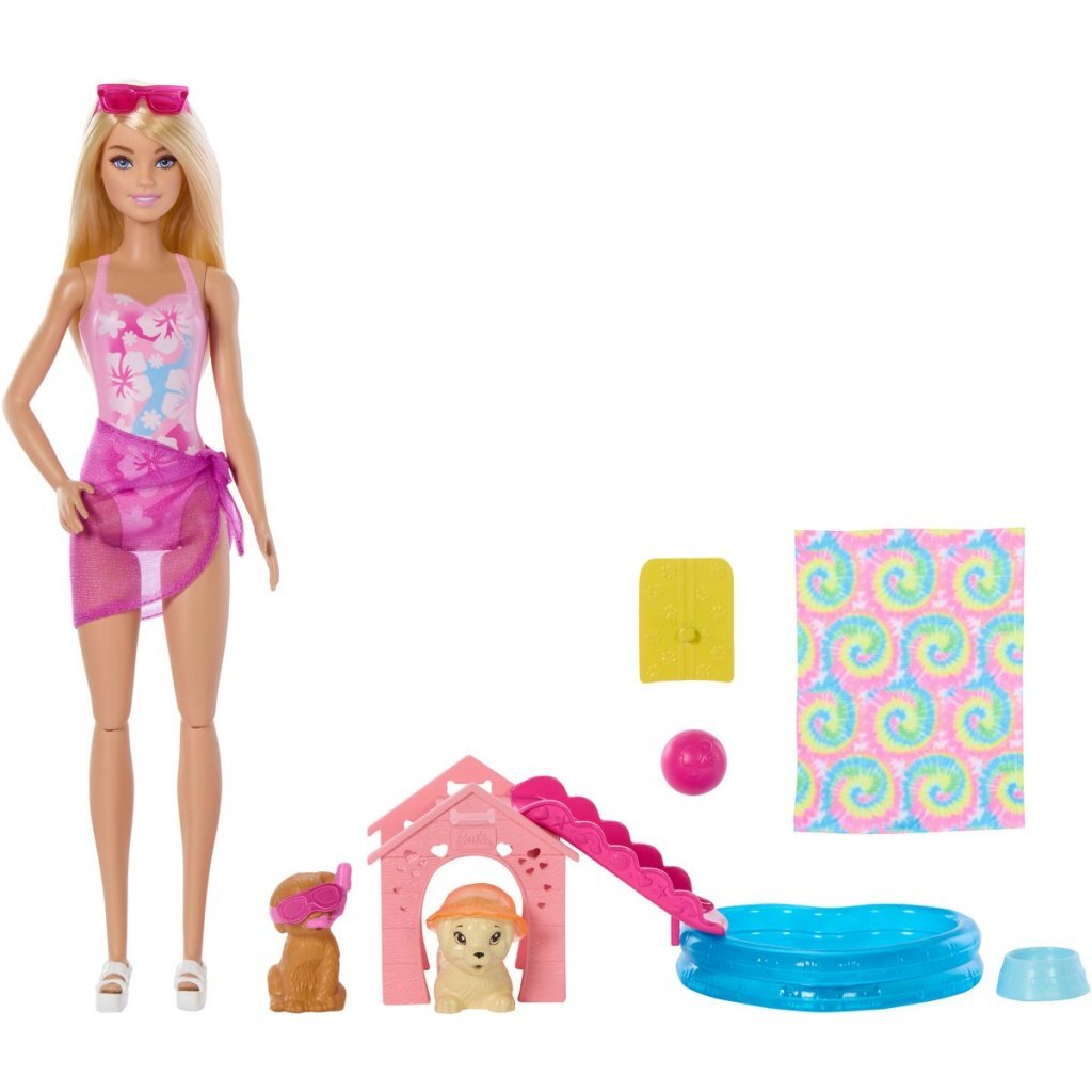 Barbie con traje de baño, caseta, piscina y accesorios.