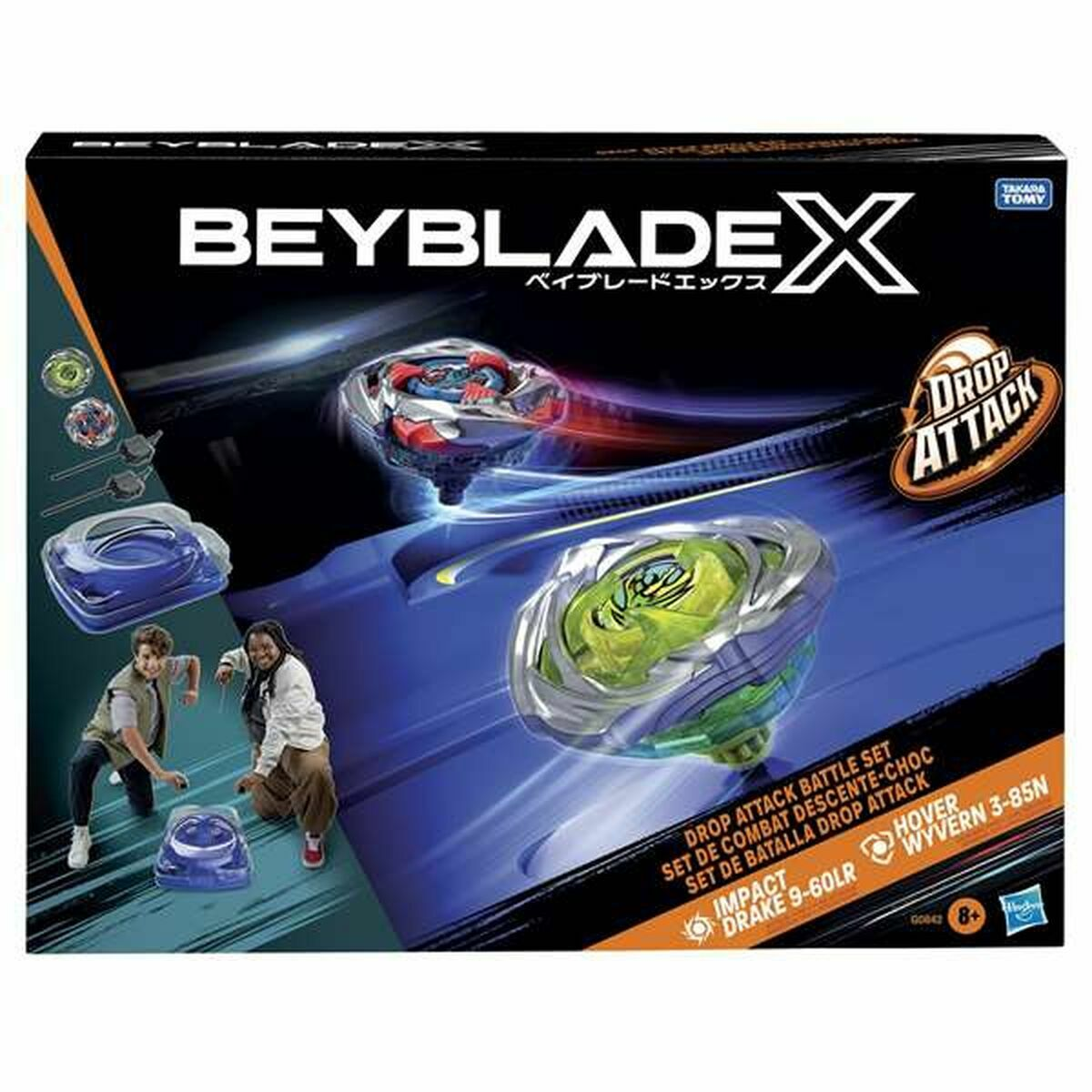 Caja Beyblade X: dos peonzas, niños y el nombre de la marca.