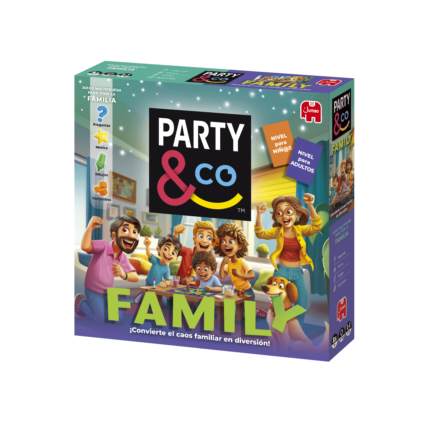 La caja del juego de mesa Party & Co Family muestra una familia feliz jugando.