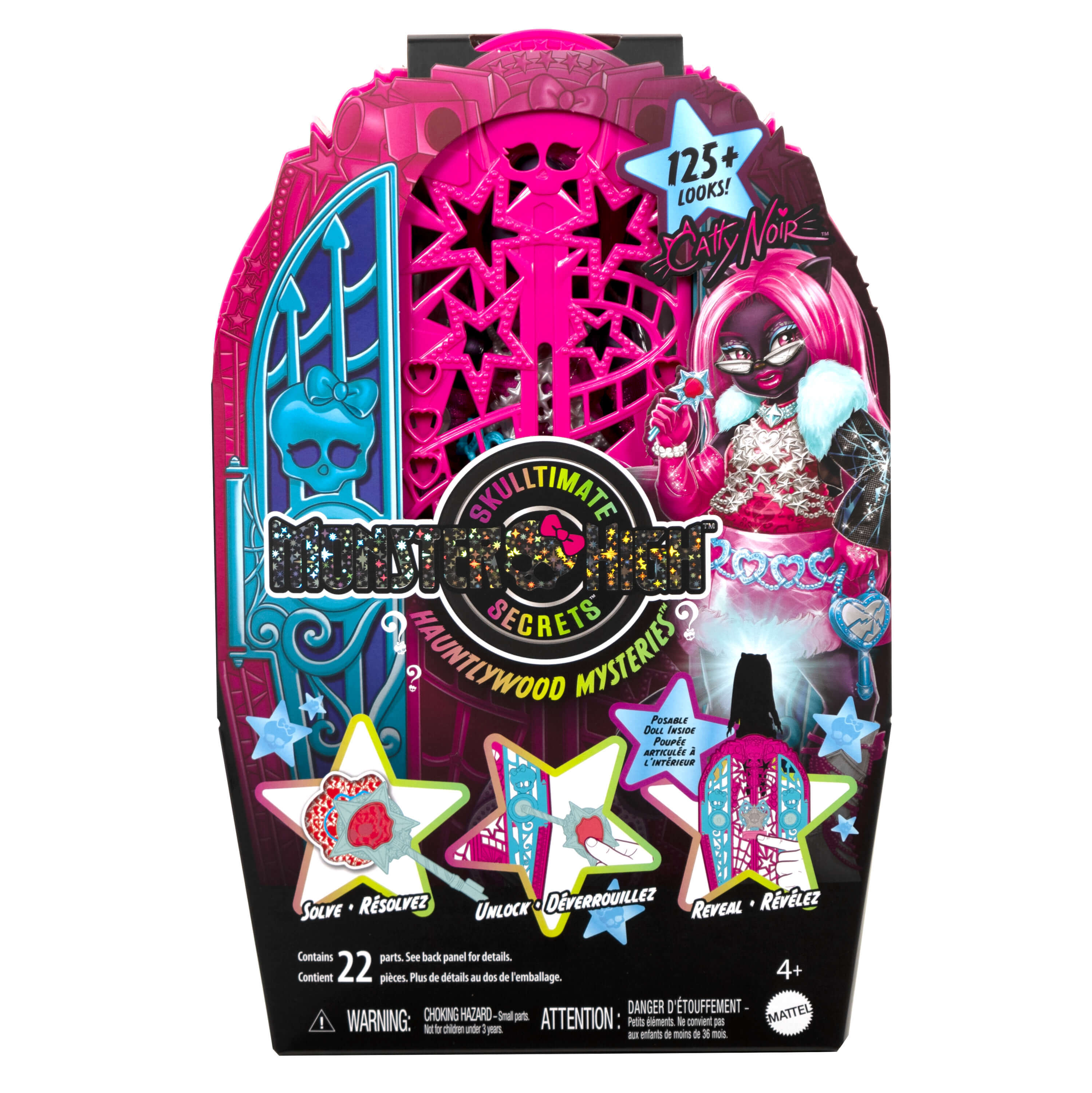 Caja de muñeca Monster High con pelo rosa, gafas y estrellas. Contiene 22 piezas.