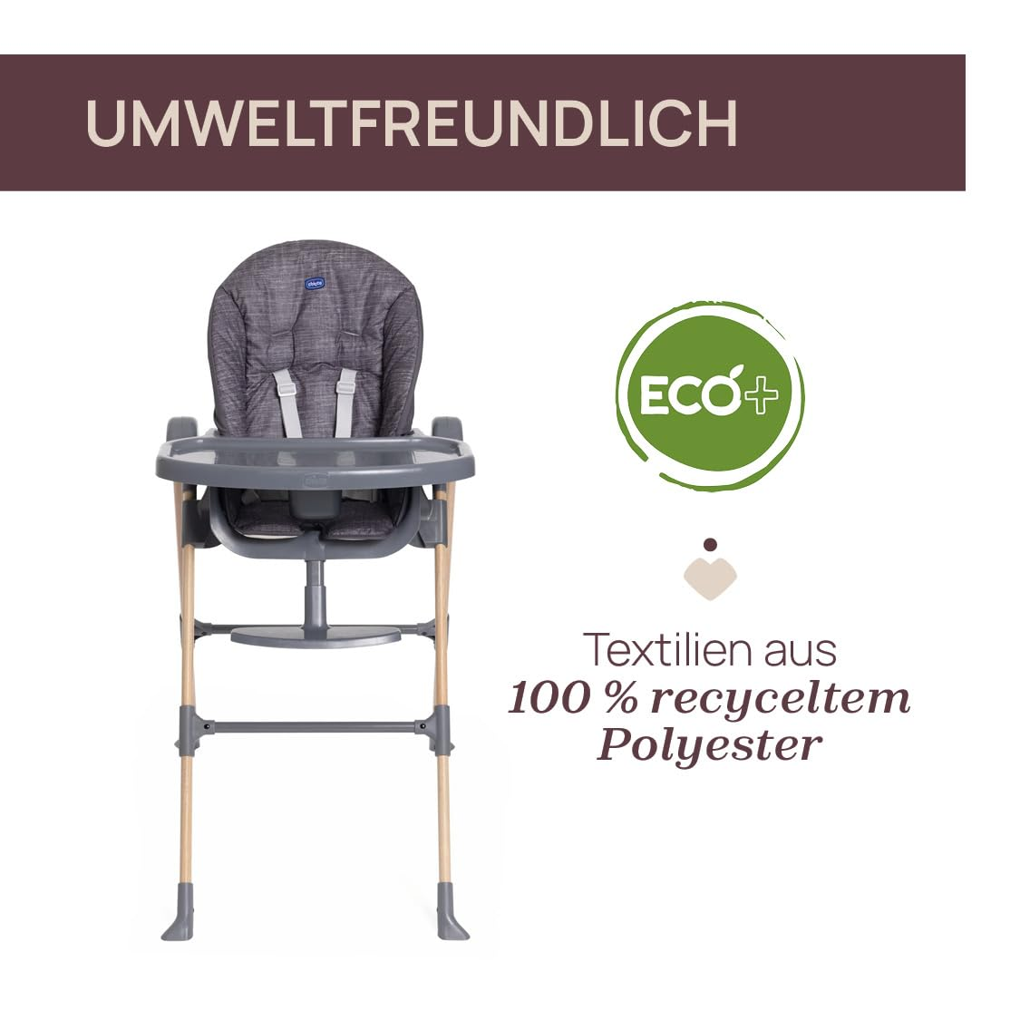 Trona gris con patas de madera, con la etiqueta "ECOLÓGICO".