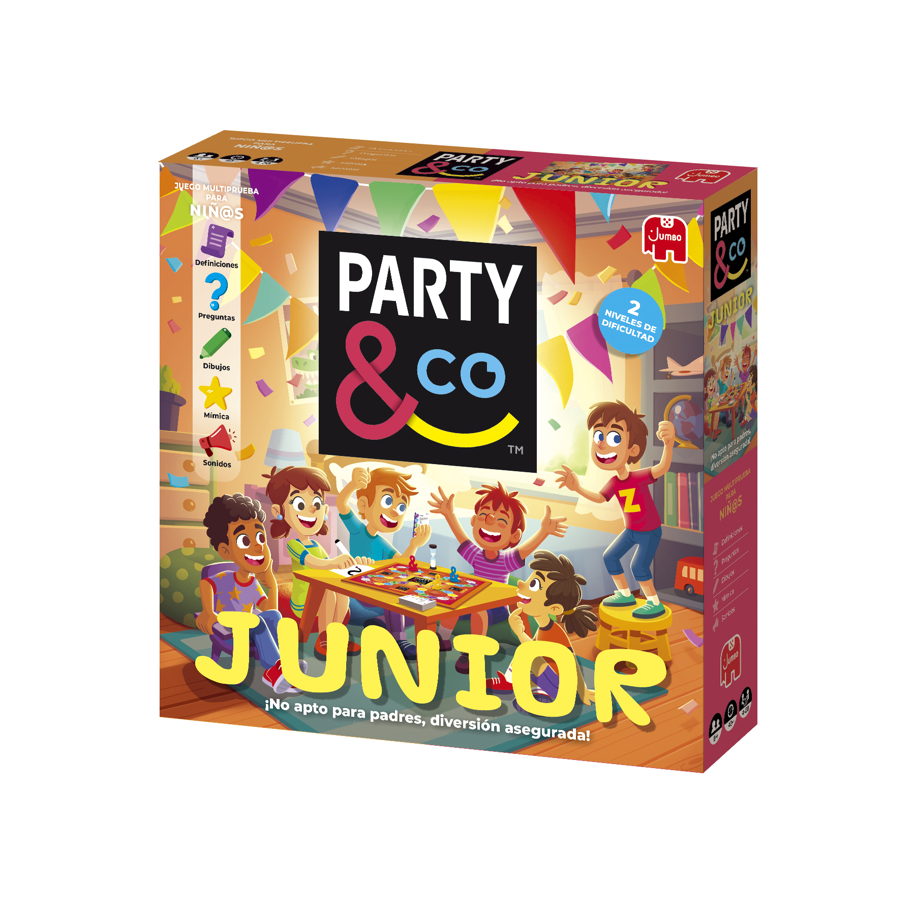 Juego de mesa "Party & Co Junior" con niños jugando. Decoración festiva colorida.