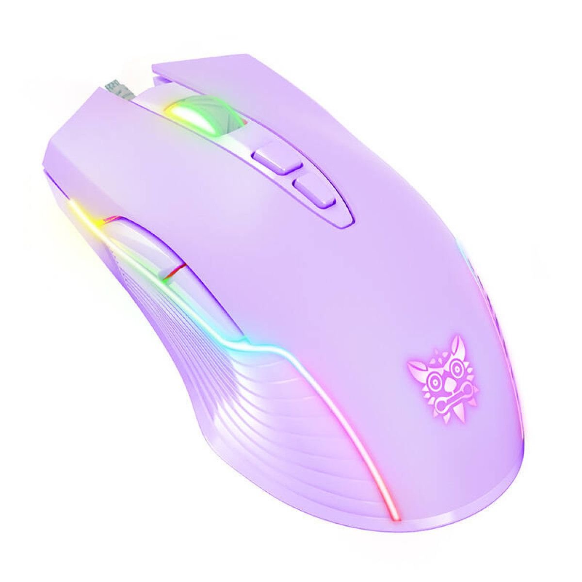 Un mouse da gaming viola con illuminazione RGB e un logo tribale sul corpo.