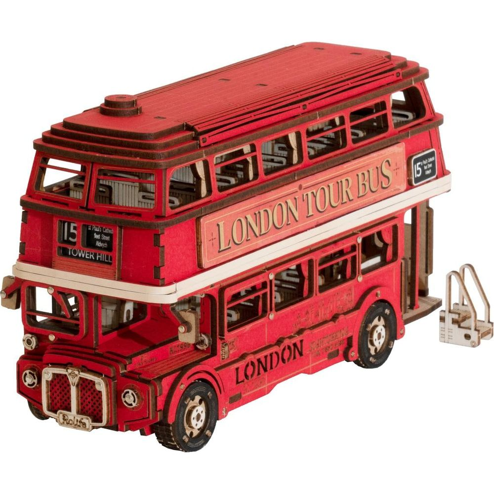 Rotes Holzmodell eines doppelstöckigen Londoner Tourbusses mit Aufschrift 'LONDON TOUR BUS'.