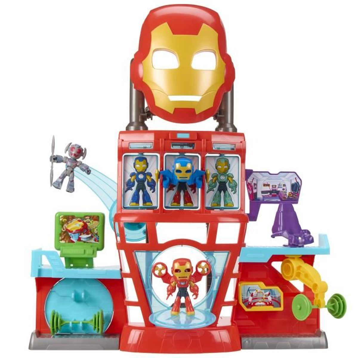 Un set de juego de cuartel general de Iron Man con figuras y accesorios.