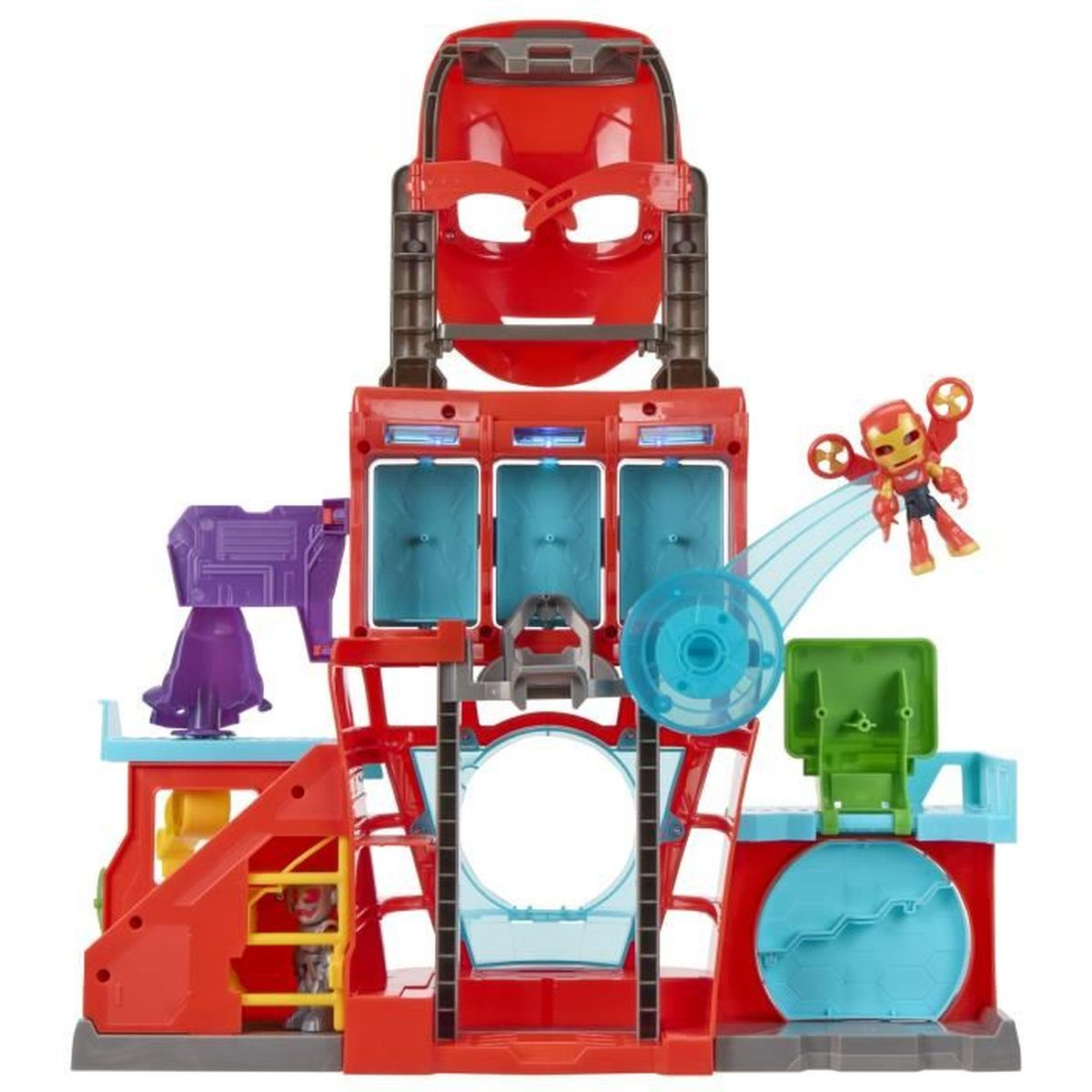 Un juego de juguete con una máscara roja de Iron Man sobre una estructura roja y azul.