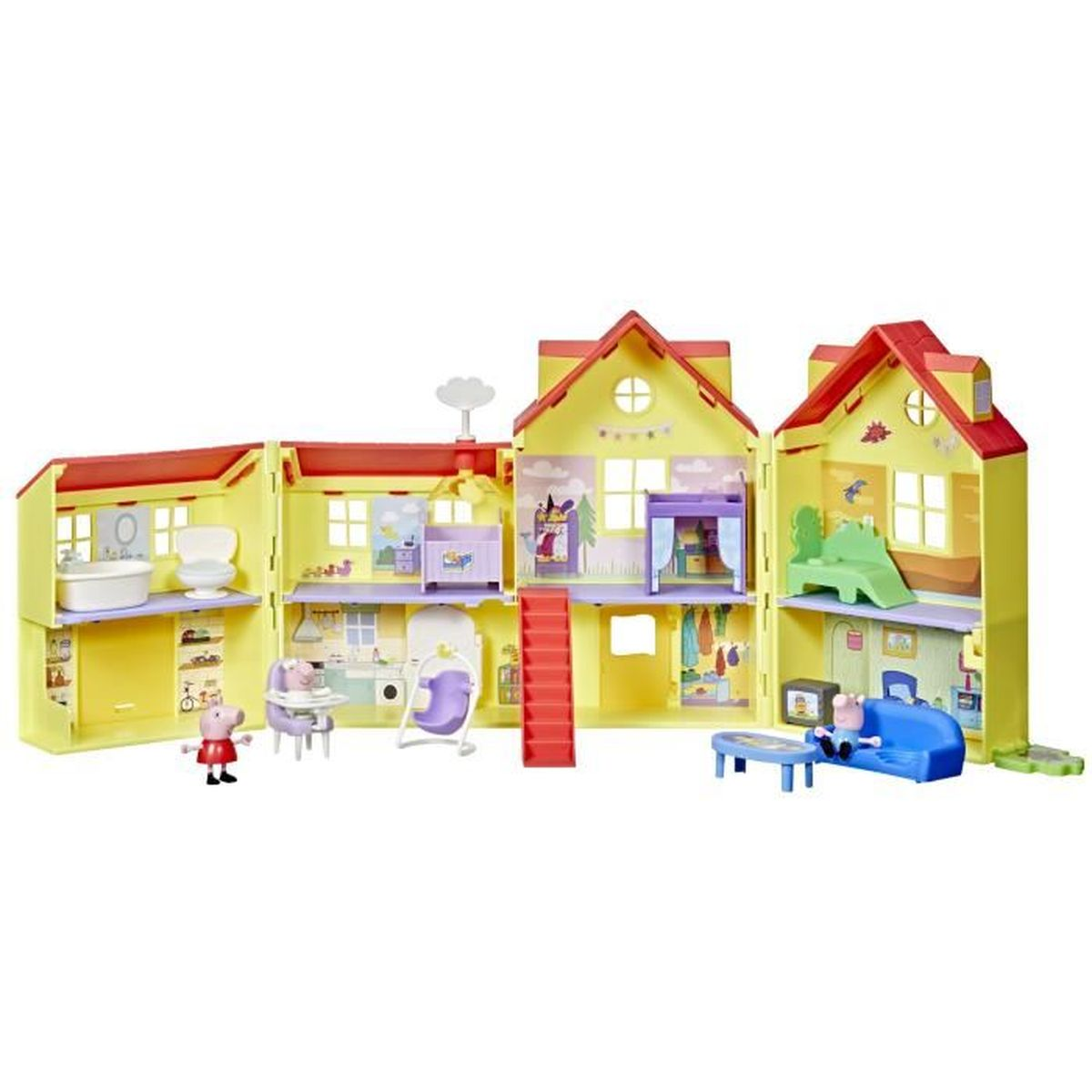 Casa de juegos amarilla con tejados rojos y varias habitaciones.