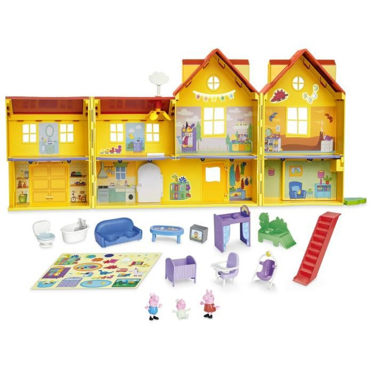 Una casa de muñecas amarilla con muebles y figuras. Incluye cama, tobogán y más.